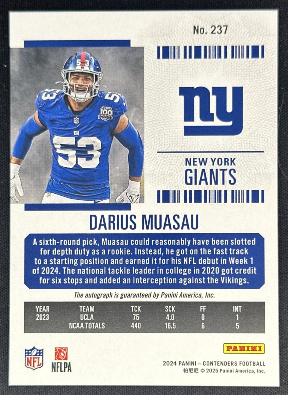 Darius Muasau 2024 Panini Contenders Rookie Ticket Auto Giants Sports Trading Cards