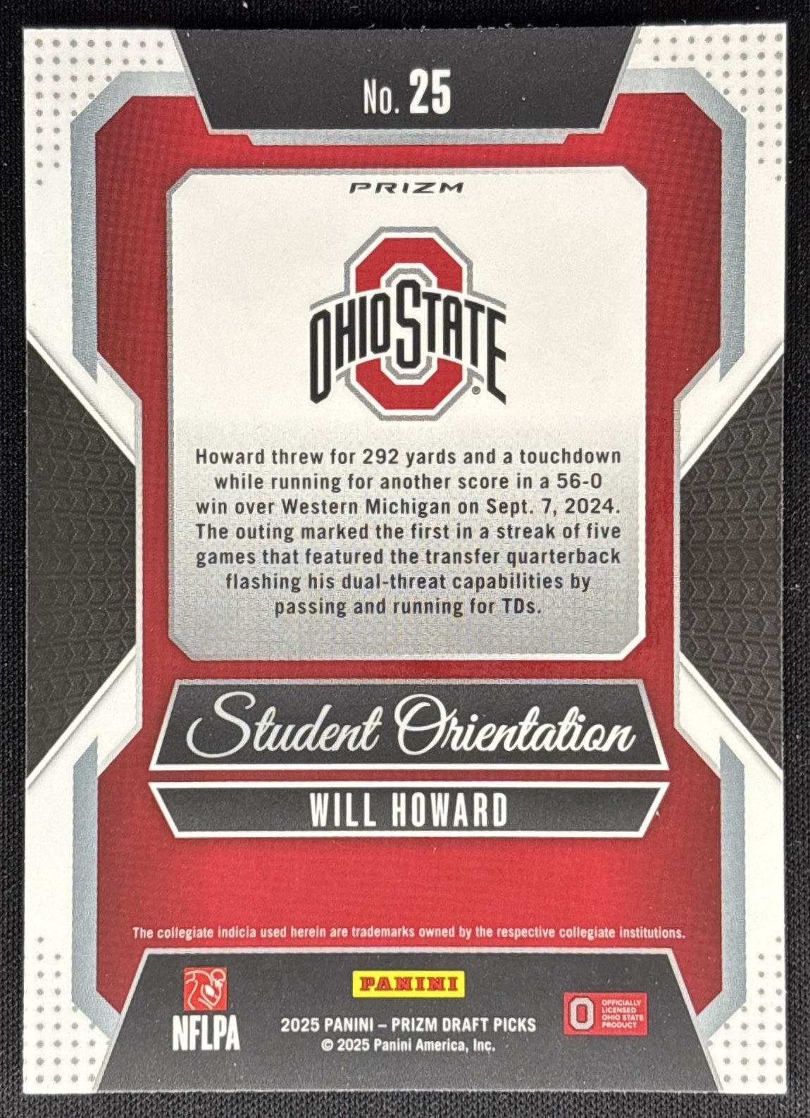 Will Howard 2025 Panini Prizm Draft Picks Student Orientation Red Ice Buckeyes Steelers Sports Trading Cards