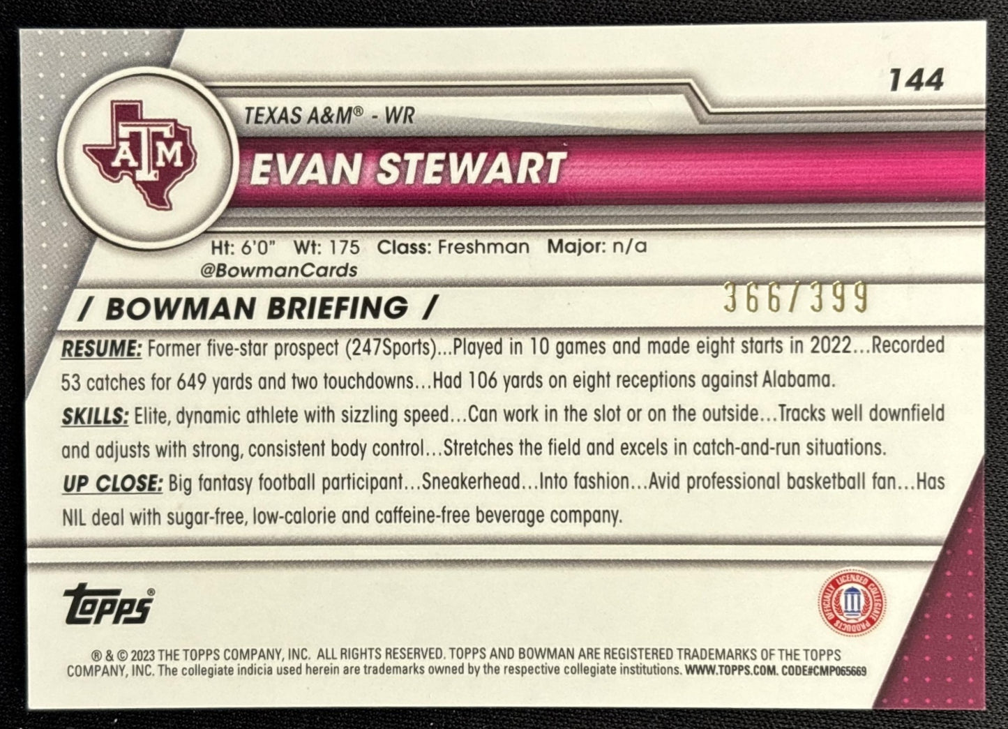 Evan Stewart 2023 University Chrome Purple Mini Diamond Refractor /399 Aggies back