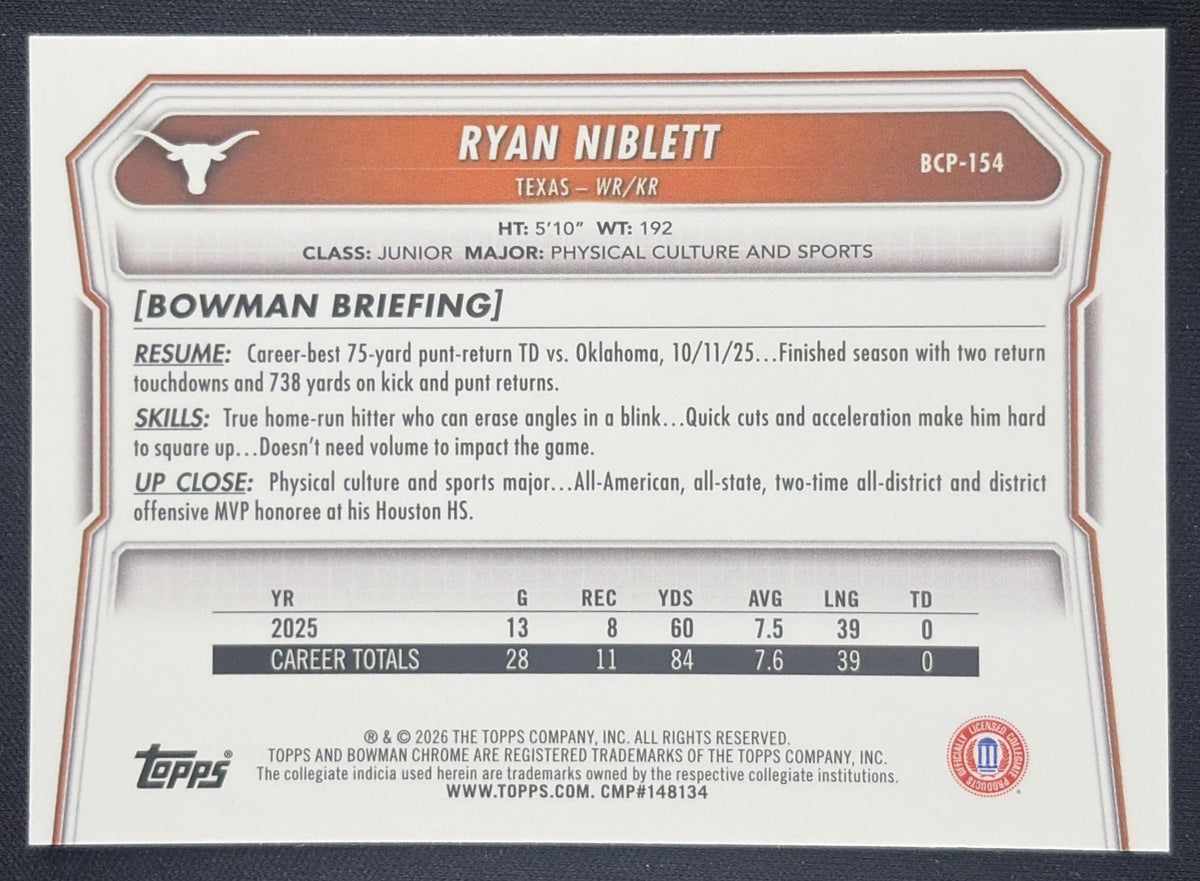Ryan Niblett 2026 Bowman Chrome Prospects Mojo Refractor Longhorns