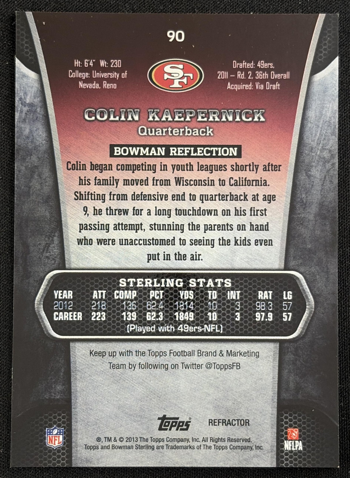Colin Kaepernick 2013 Bowman Sterling Blue Refractors /99 49ers - Back