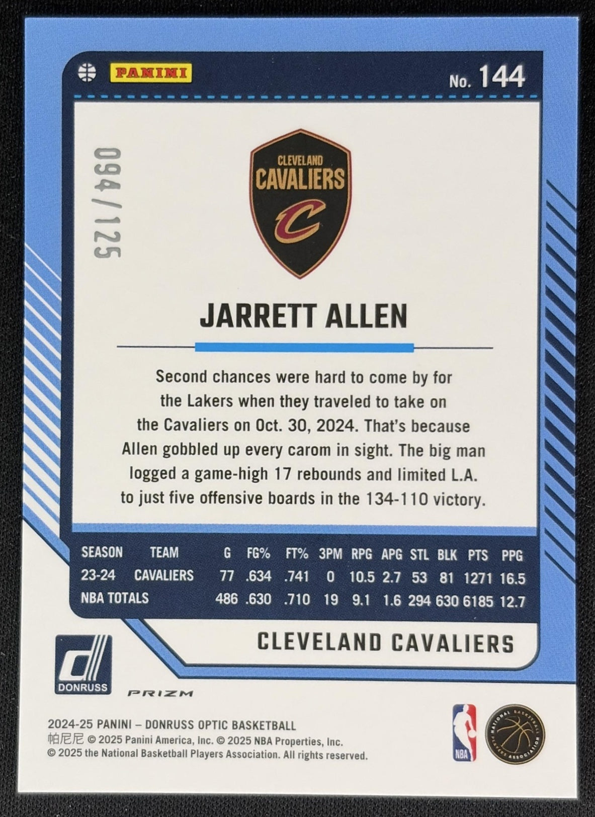 Jarrett Allen 2024 Panini Donruss Optic Bronze Velocity Prizm /125 Cavaliers back