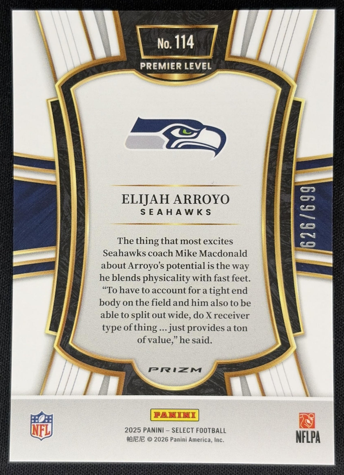 Elijah Arroyo 2025 Panini Select Premier Level Purple Prizm Shock /699 Seahawks Sports Trading Cards