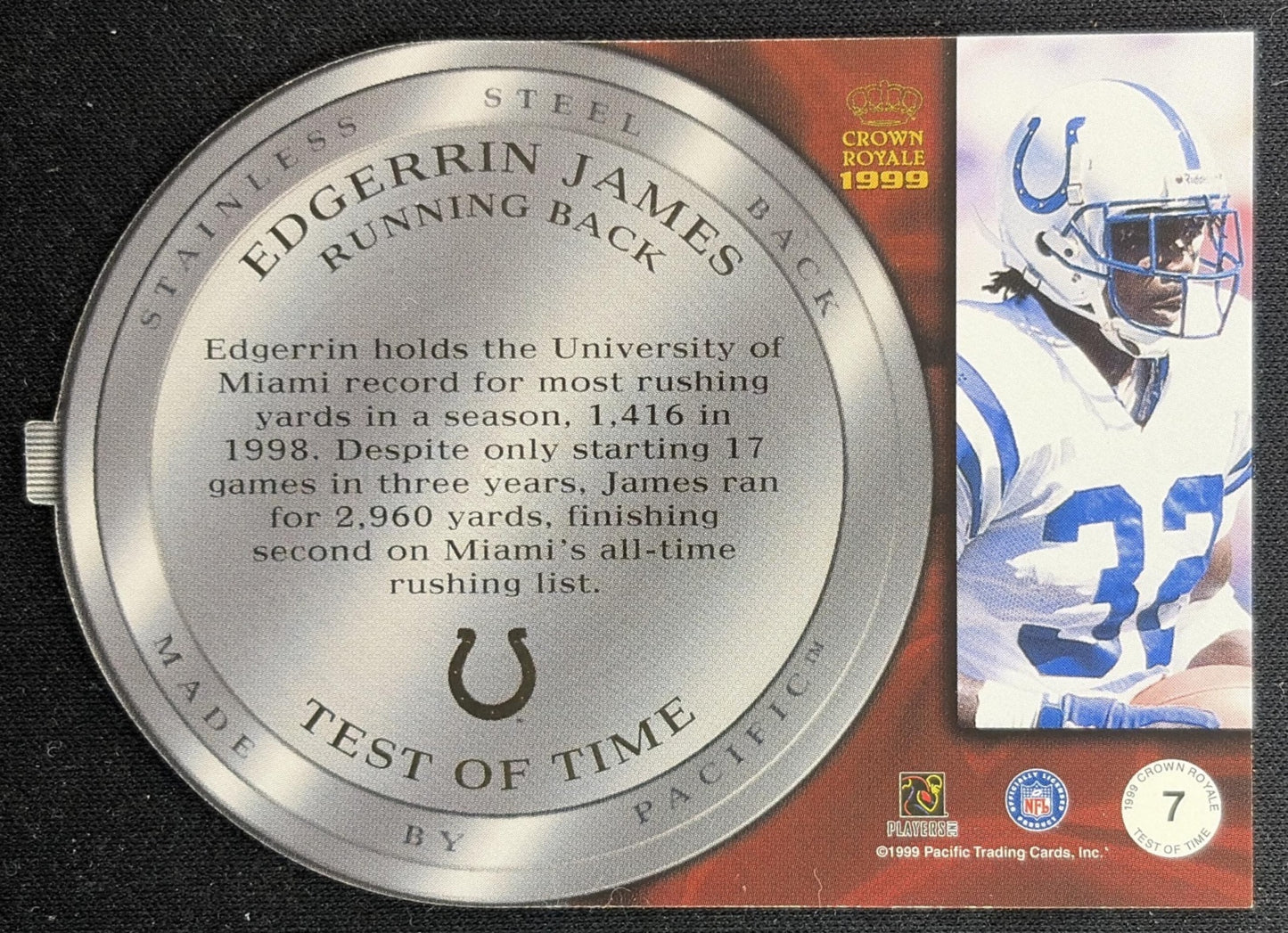 Edgerrin James 1999 Pacific Crown Royale Test of Time Colts