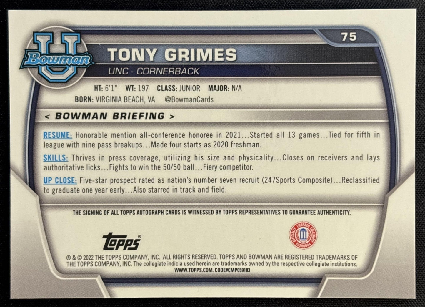 Tony Grimes 2022 Bowman University Chrome Prospect Auto Tar Heels back