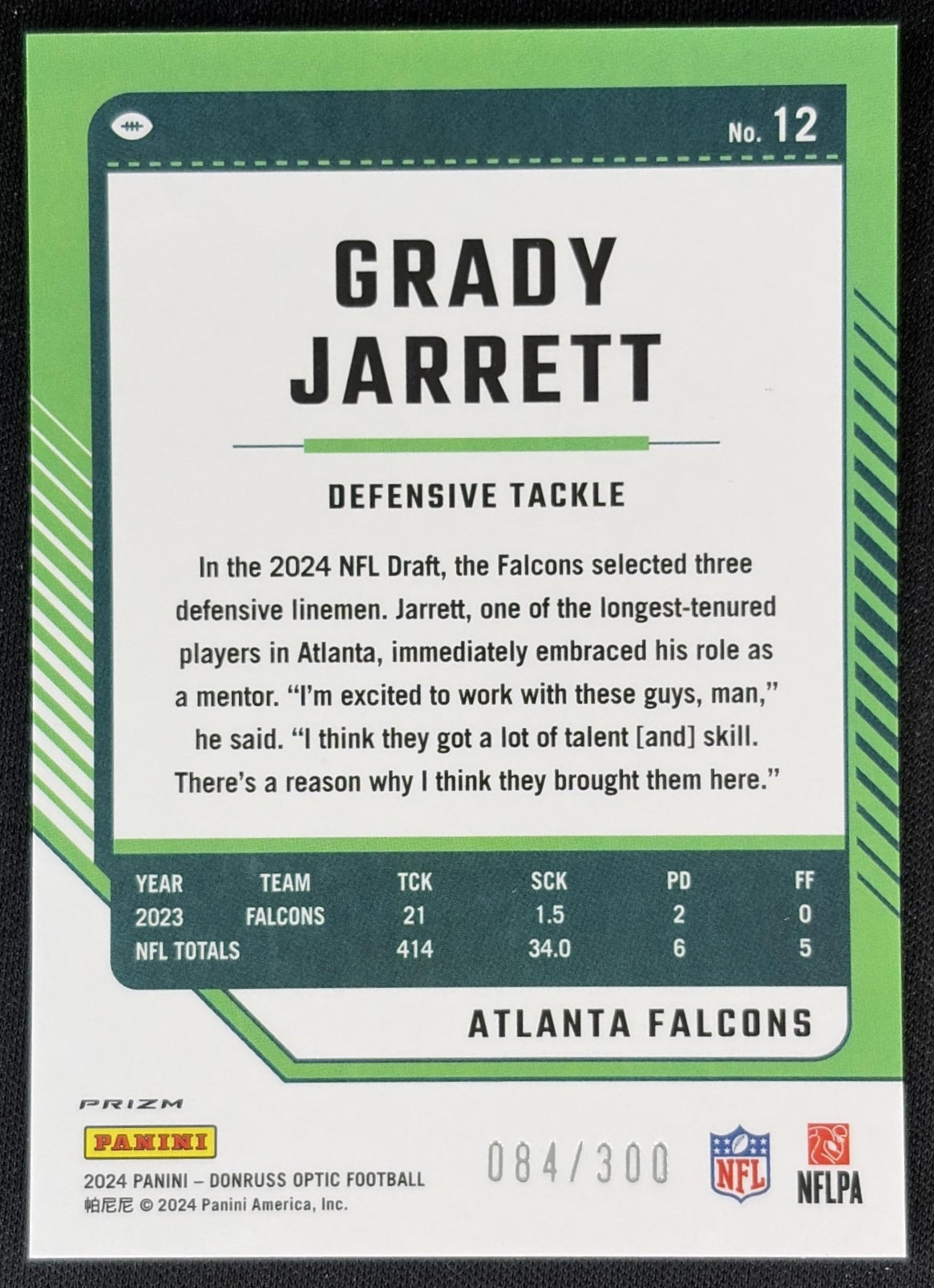 Grady Jarrett 2024 Panini Donruss Optic Wave /300 Falcons back