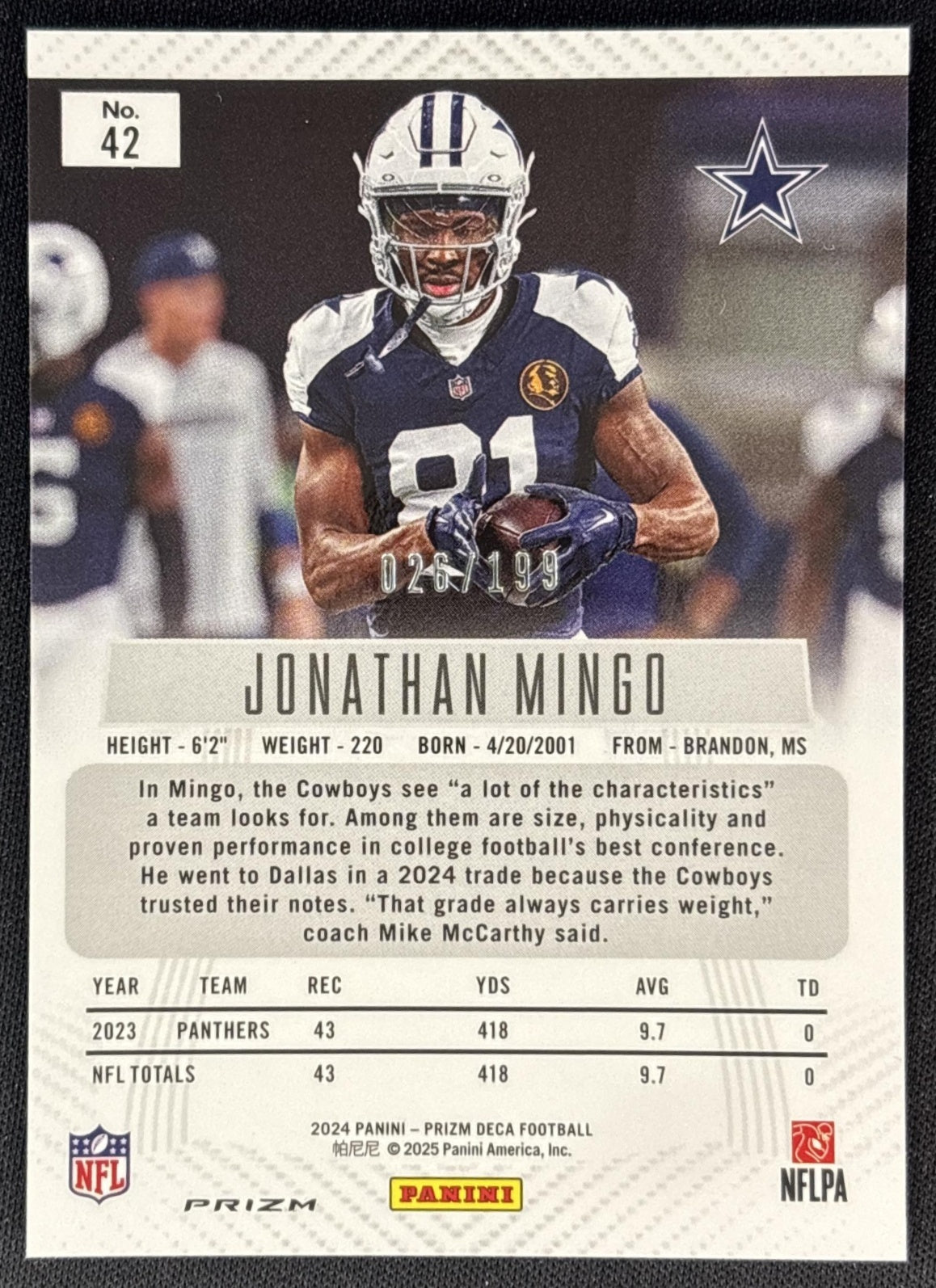 Jonathan Mingo 2024 Panini Prizm Deca Red /199 Cowboys Sports Trading Cards