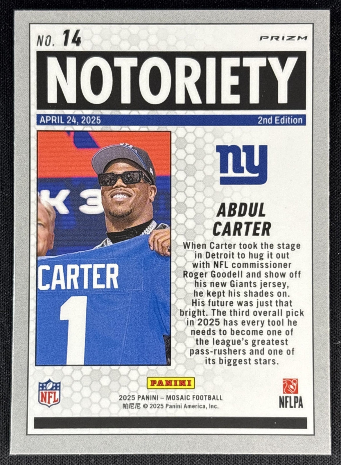 Abdul Carter 2025 Panini Mosaic Notoriety Orange Fluorescent Prizm Giants back