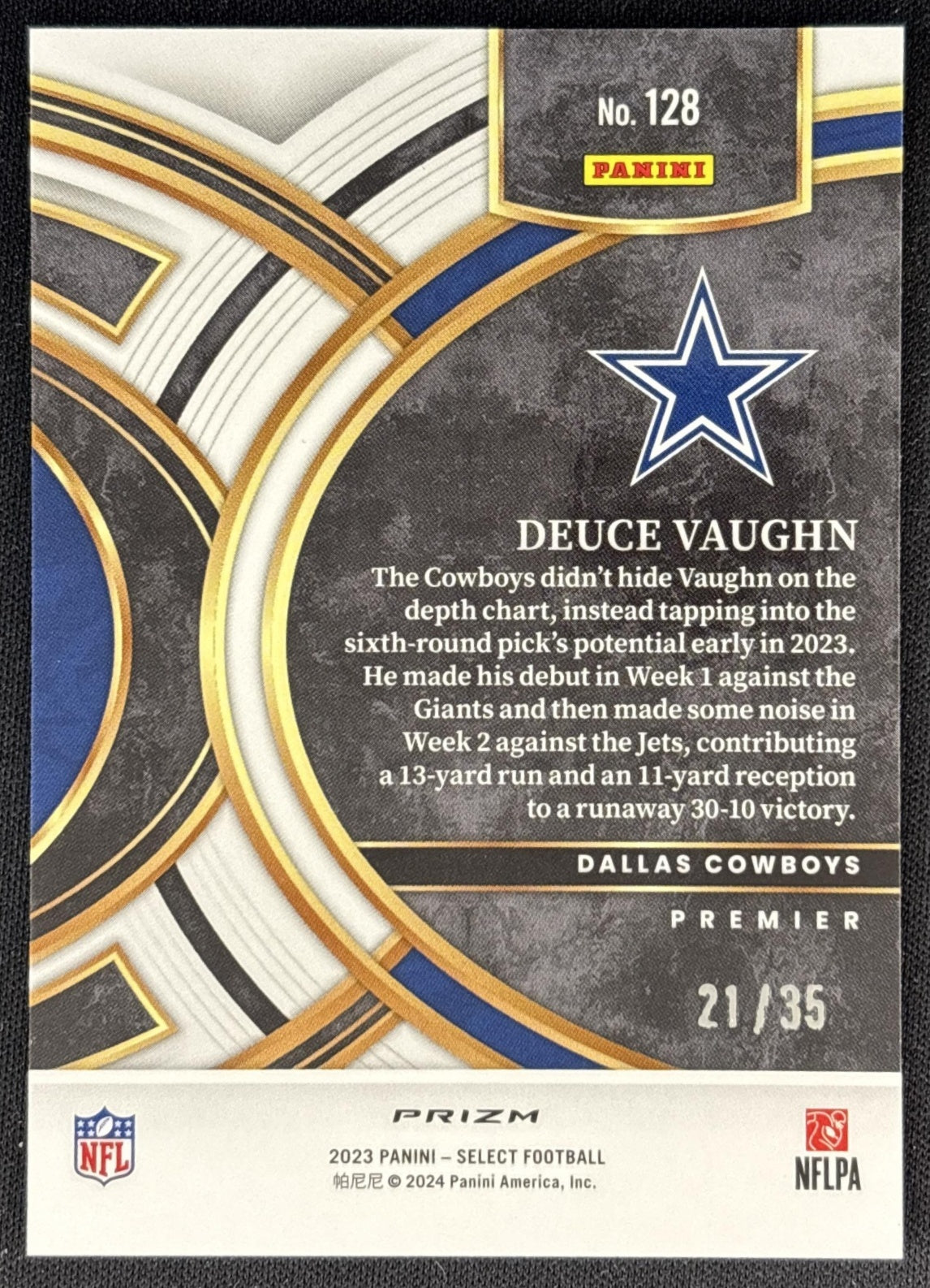 Deuce Vaughn 2023 Panini Select White Prizms /35 Cowboys back