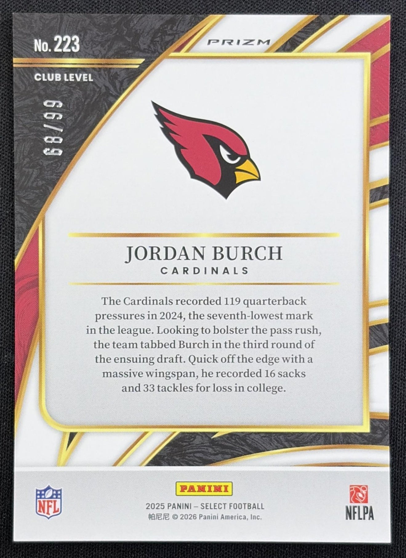 Jordan Burch 2025 Panini Select Club Level Blue Prizm /99 Cardinals