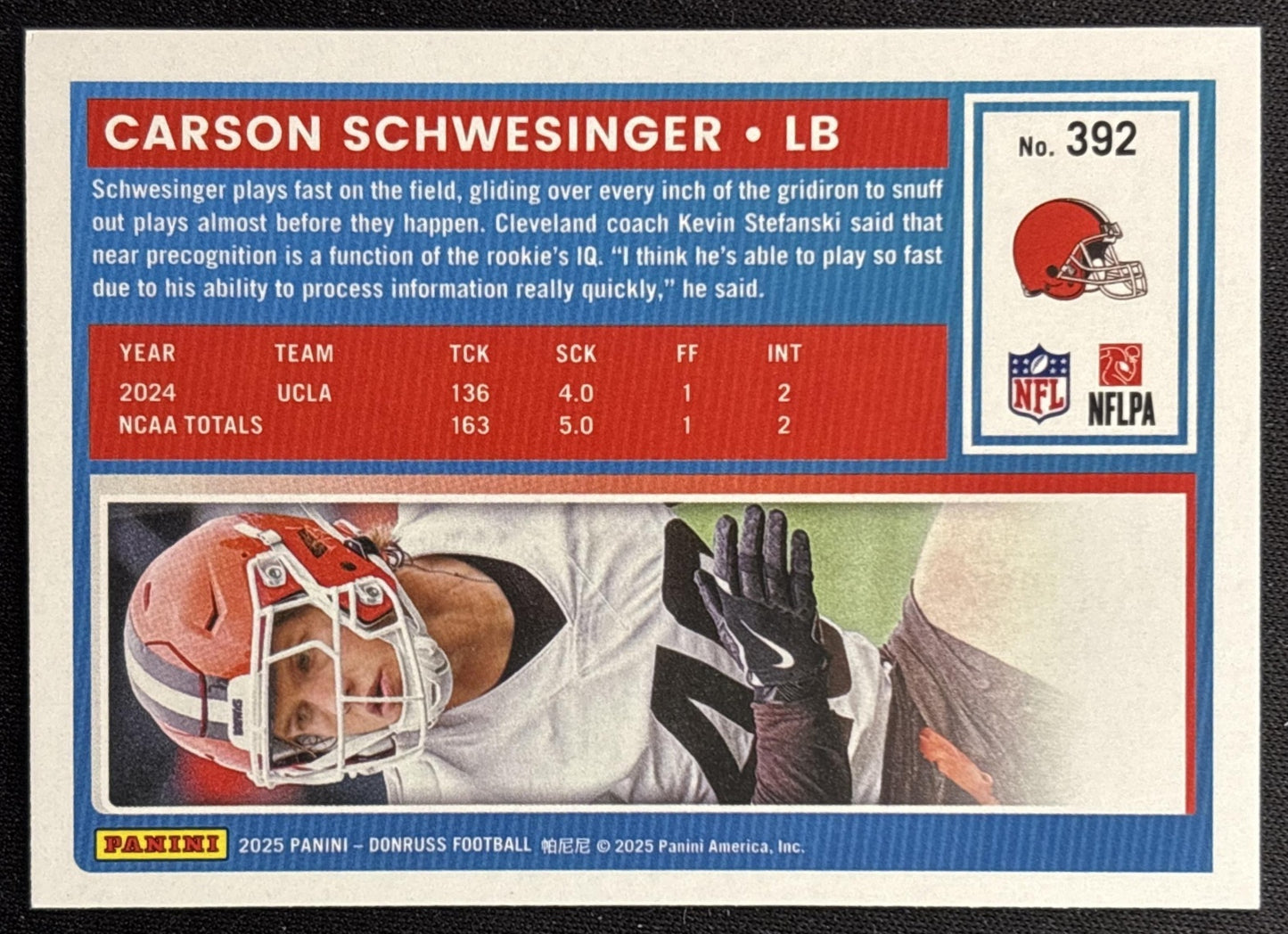 Carson Schwesinger 2025 Panini Donruss Rated Rookie Press Proof Blue Browns Sports Trading Cards