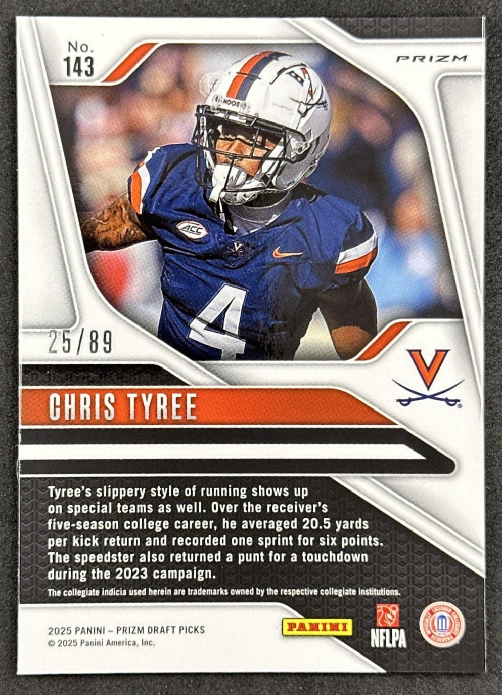 Chris Tyree 2025 Panini Prizm Draft Picks Blue Finite /89 Cavaliers back