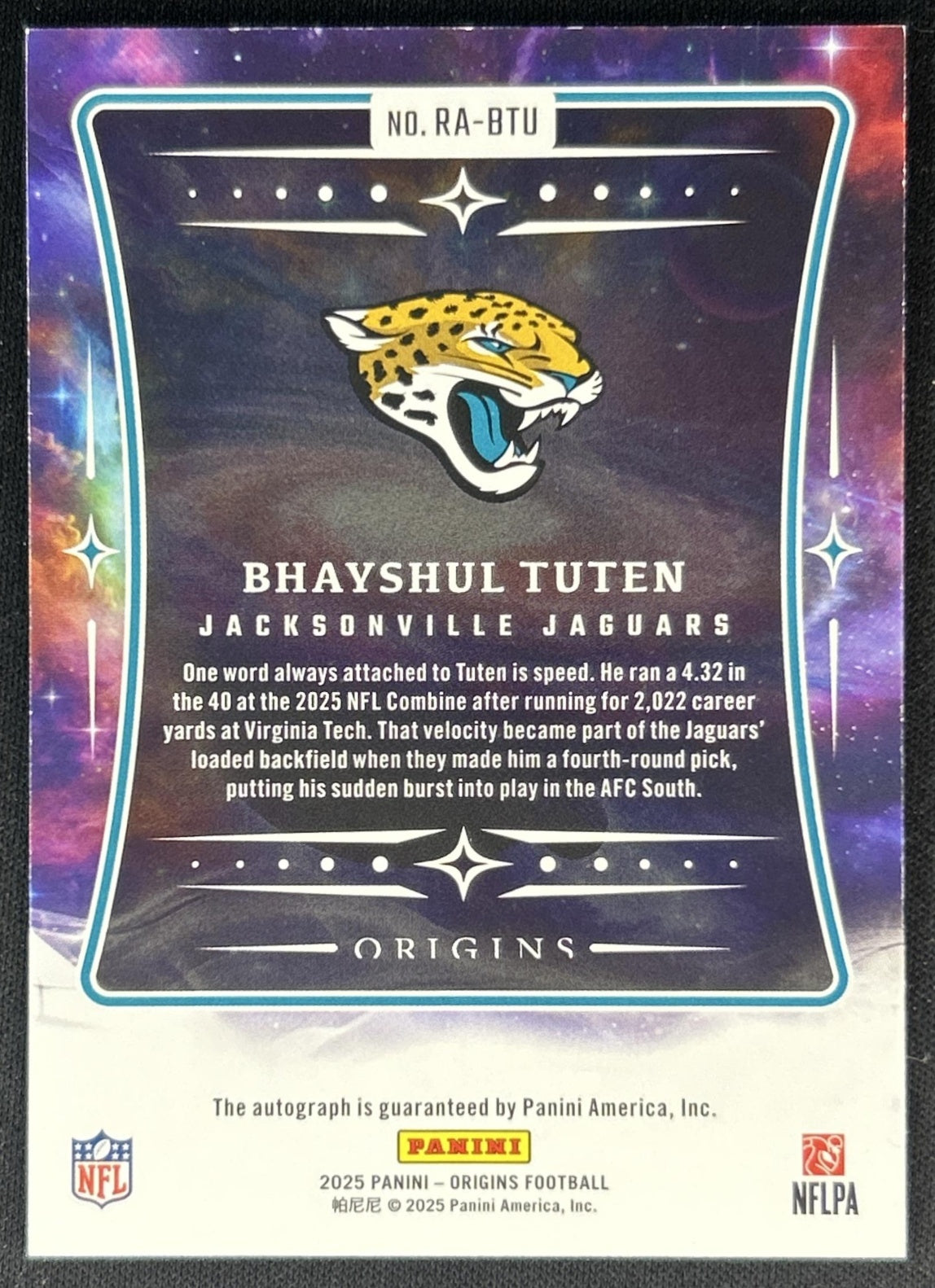 Bhayshul Tuten 2025 Panini Origins Rookie Auto Turquoise /25 Jaguars back