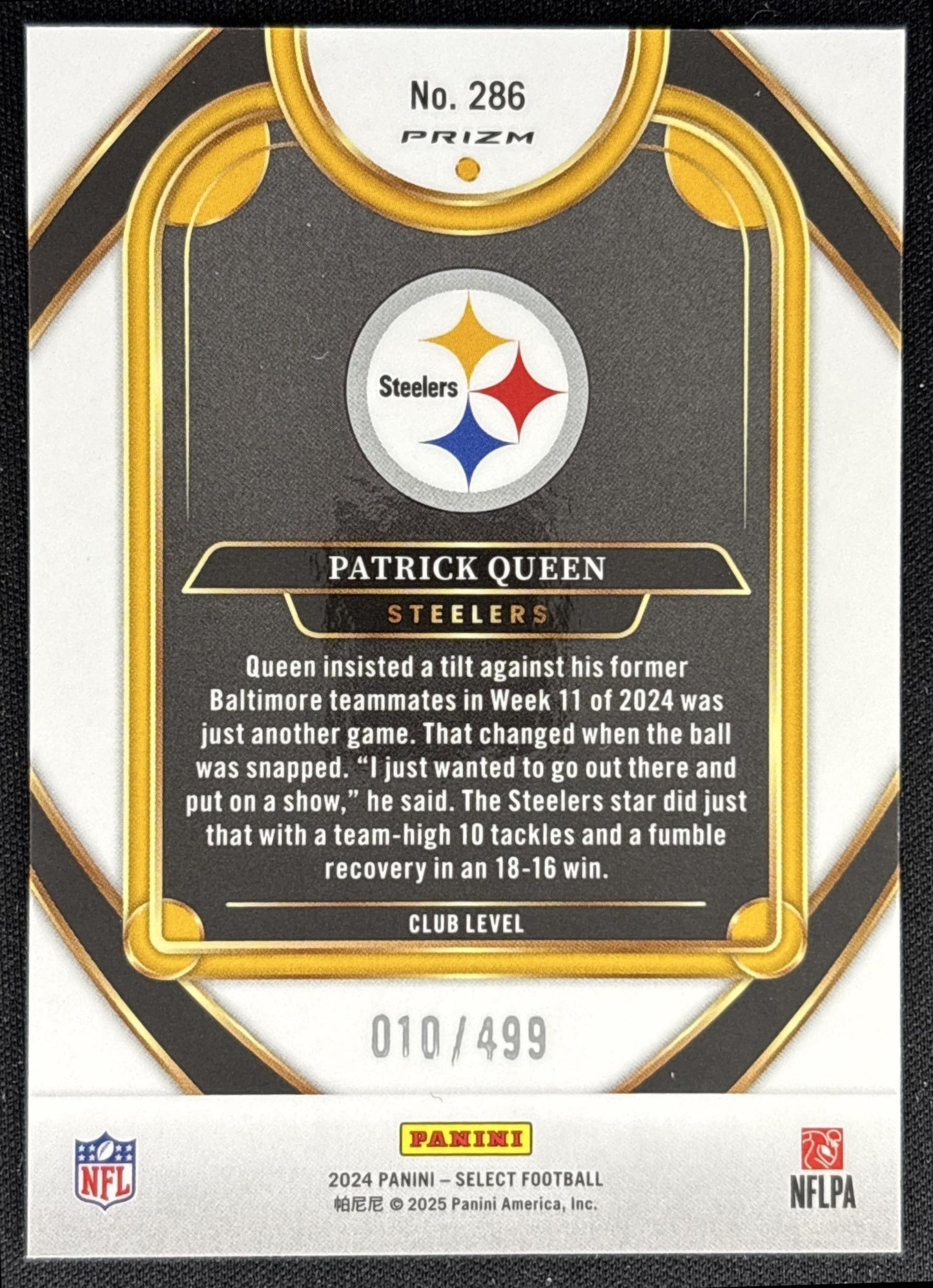 Patrick Queen 2024 Panini Select Club Neon Green Prizm Shock /499 Steelers