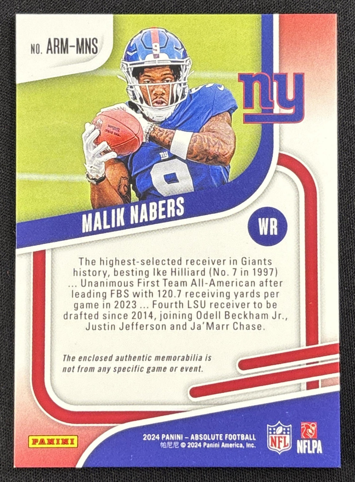 Malik Nabers 2024 Panini Absolute Rookie Materials Giants