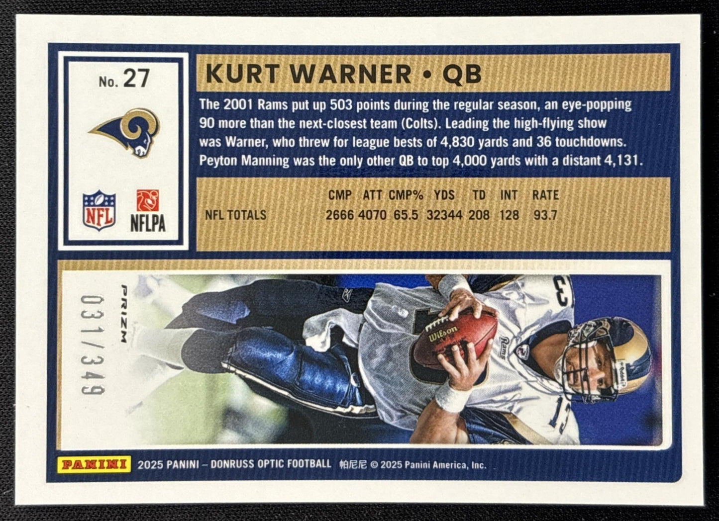 Kurt Warner 2025 Panini Donruss Optic Aqua Prizm /349 Rams Sports Trading Cards