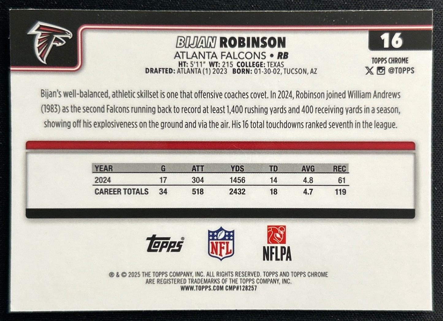 Bijan Robinson 2025 Topps Chrome Falcons Sports Trading Cards