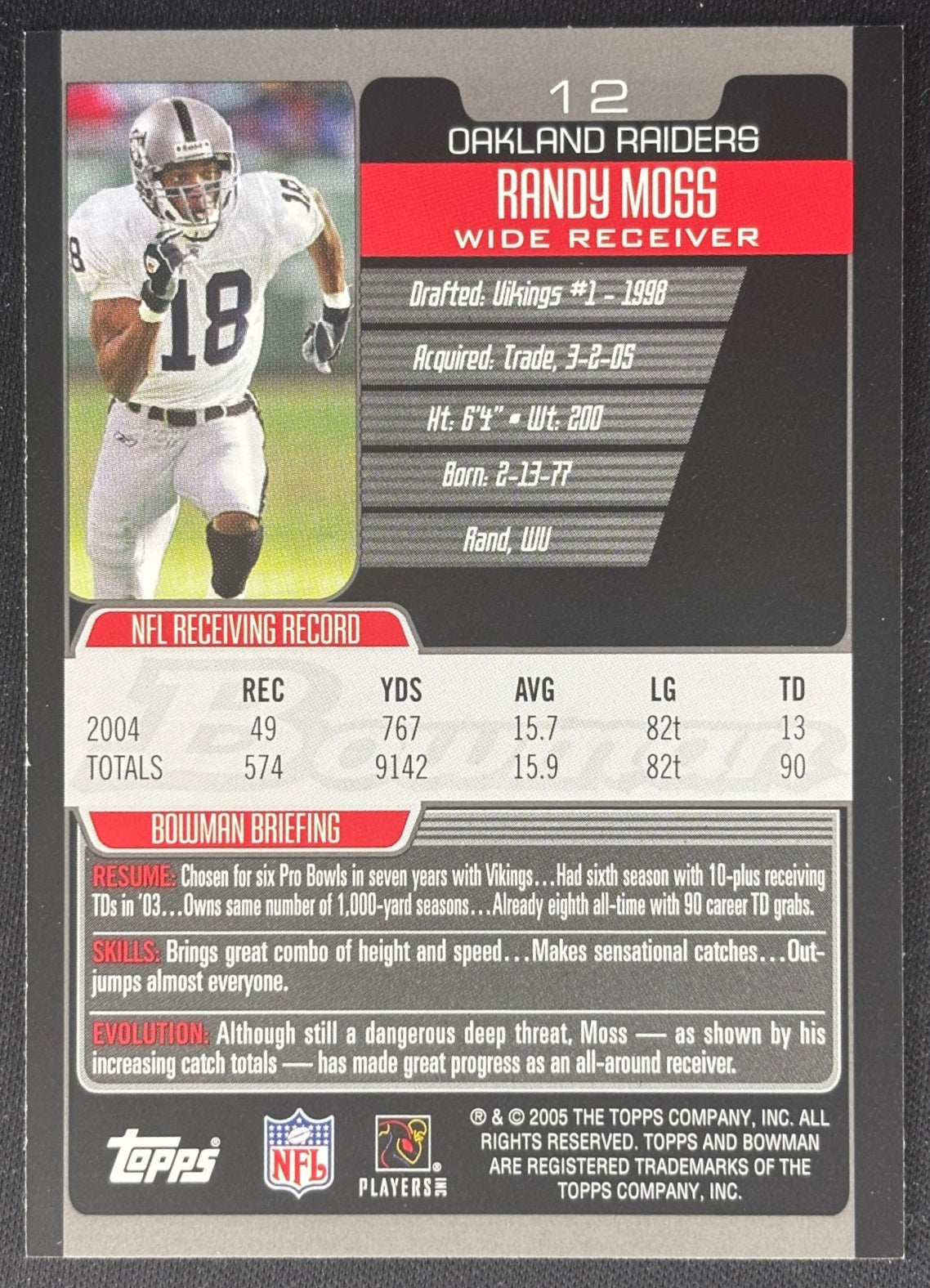 Randy Moss 2005 Bowman Raiders Sports Trading Cards