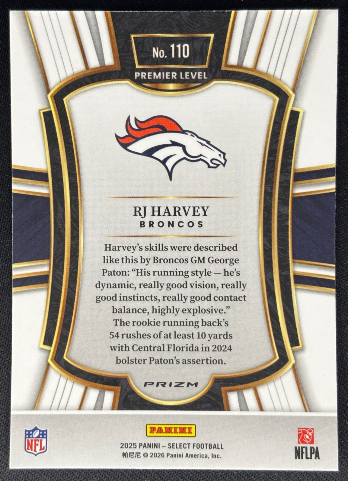 RJ Harvey 2025 Select Premier Level Silver Prizm Broncos Sports Trading Card