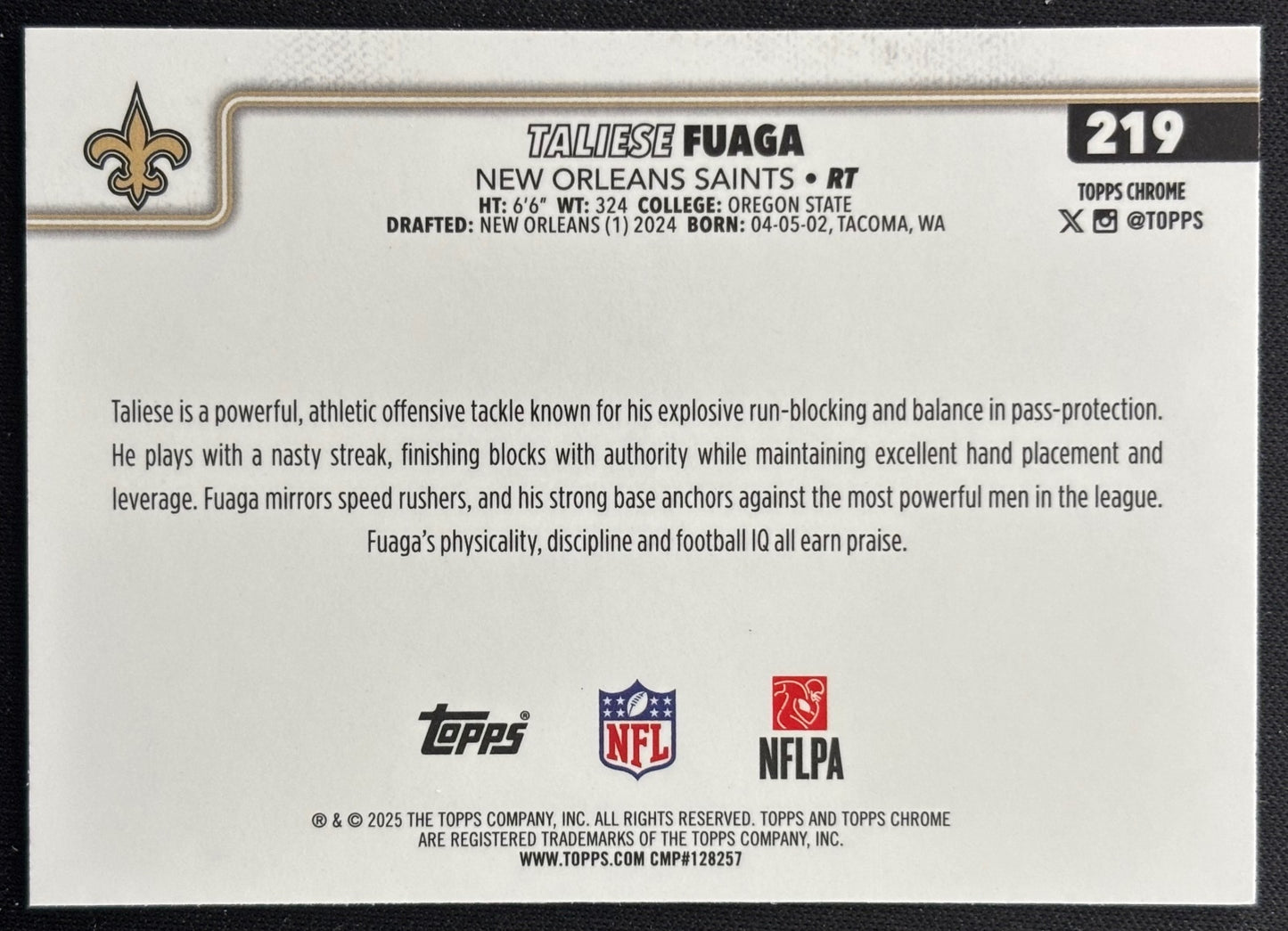 Taliese Fuaga 2025 Topps Chrome Pulsar Refractor Saints Sports Trading Cards