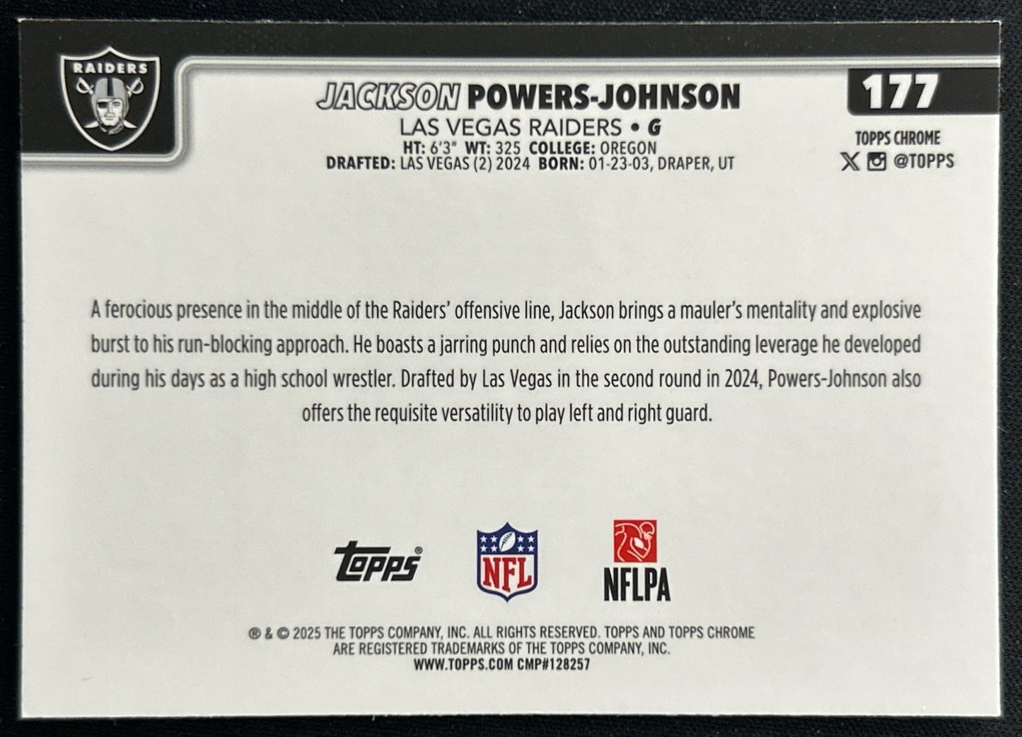 Jackson Powers-Johnson 2025 Topps Chrome Raiders Sports Trading Cards
