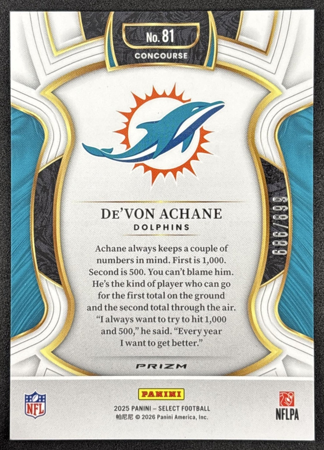 De'Von Achane 2025 Panini Select Concourse Copper Prizm Shock /899 Dolphins back
