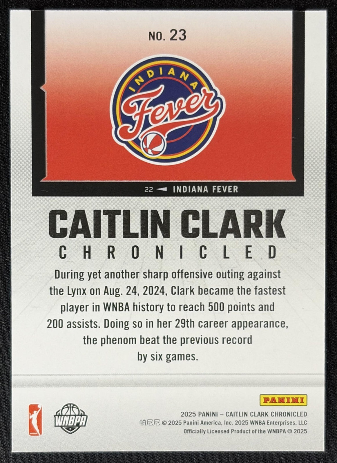 Caitlin Clark 2025 Panini Chronicled WNBA Holo Fever 23