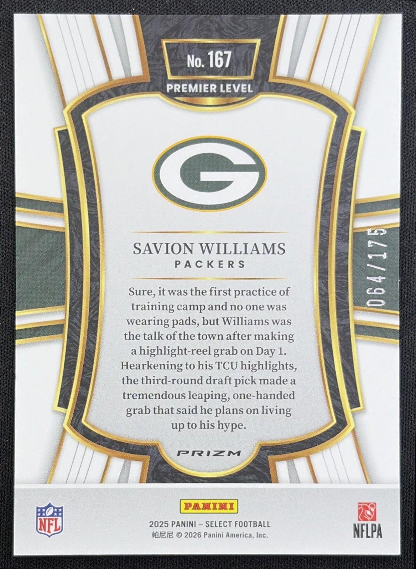 Savion Williams 2025 Panini Select Premier Level Blue Prizm /175 Packers Green Bay Packers back