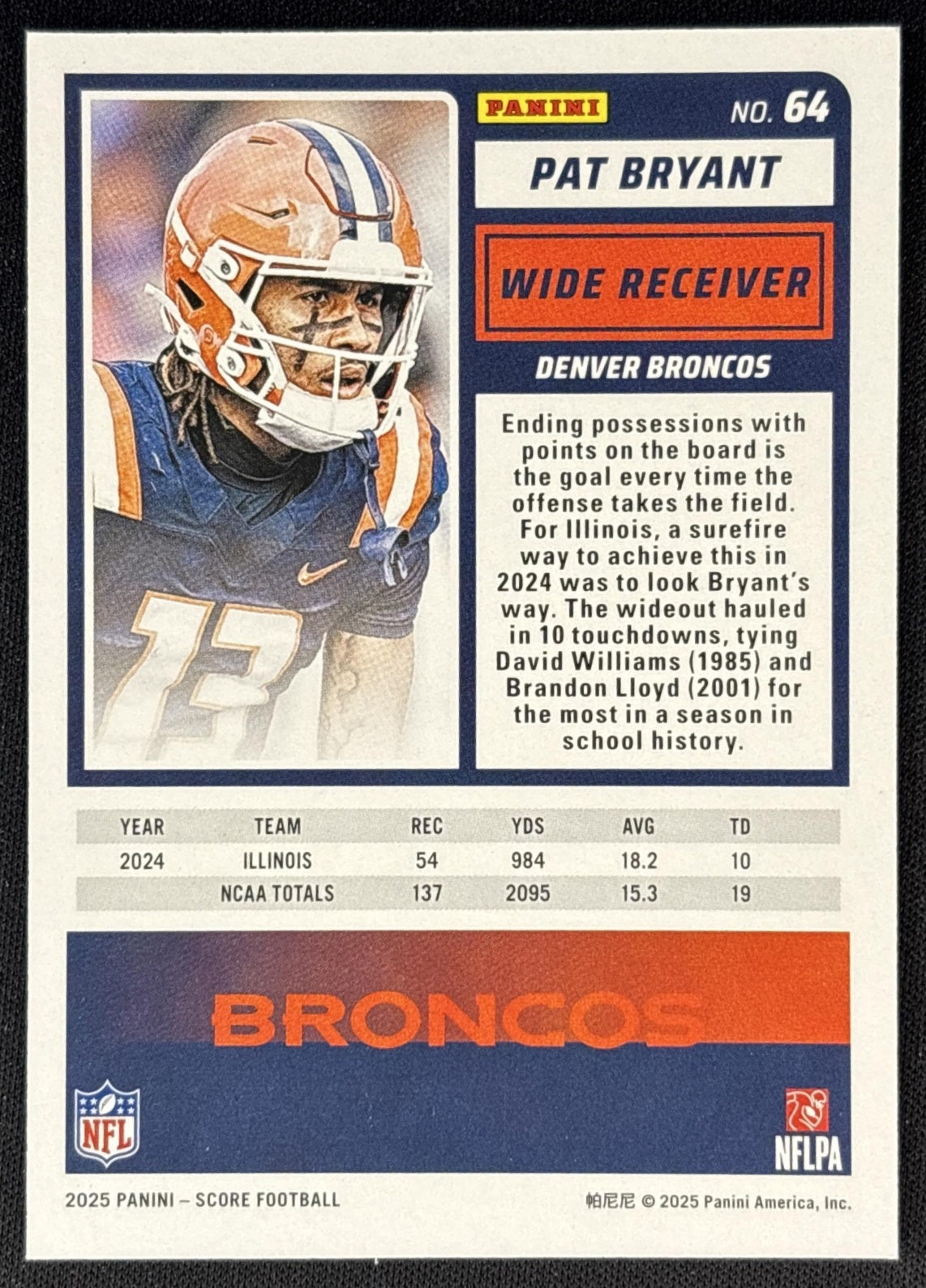 Pat Bryant 2025 Panini Score Rookies Green Broncos back