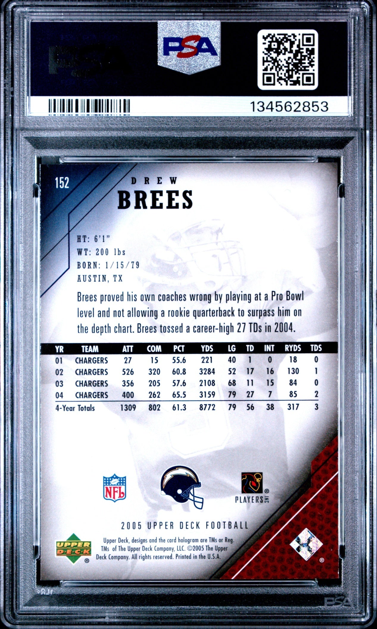 Drew Brees 2005 Upper Deck PSA 10 Chargers back