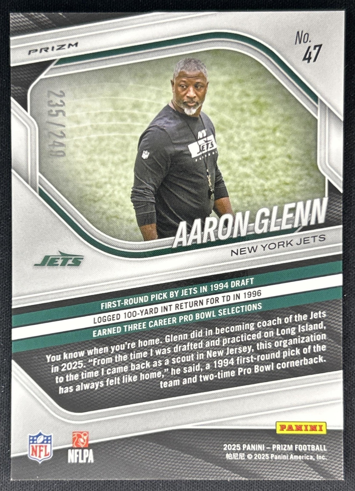 Aaron Glenn 2025 Panini Prizm Orange /249 Jets Back