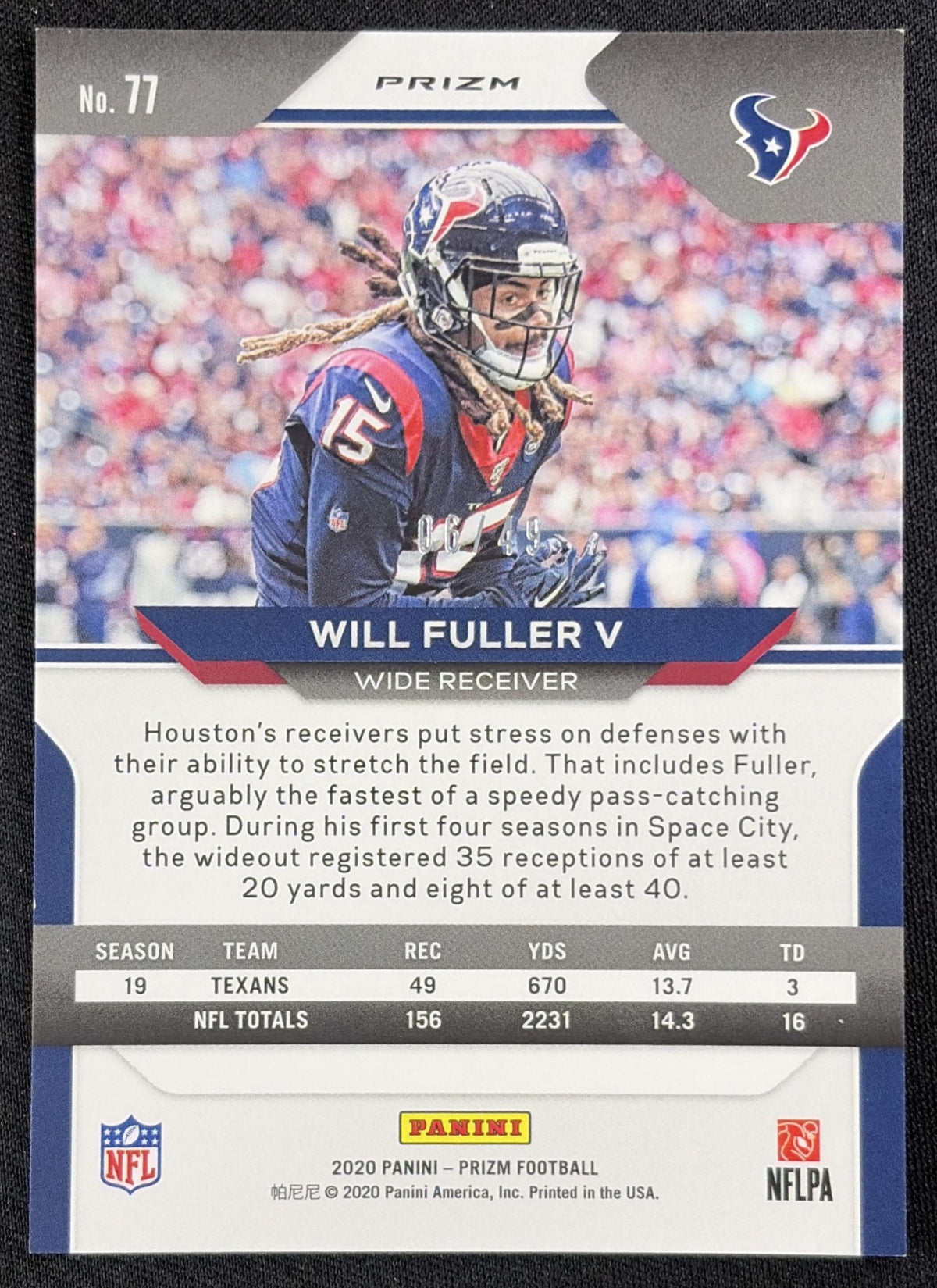 Will Fuller V 2020 Panini Prizm Red and Yellow /49 Texans