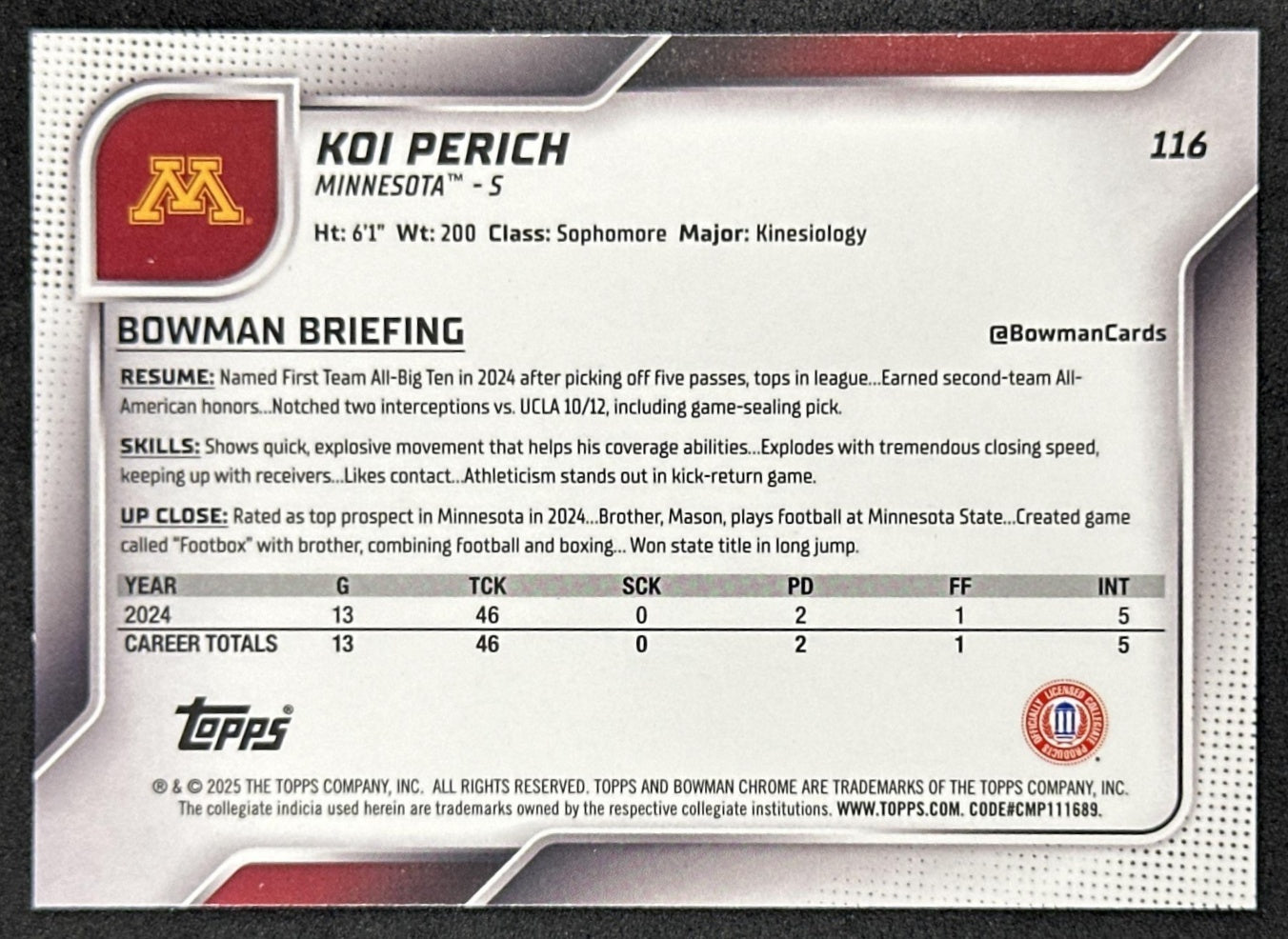 Koi Perich 2025 Chrome University Prospects Purple Refractor /75 Golden Gophers Sports Trading Cards