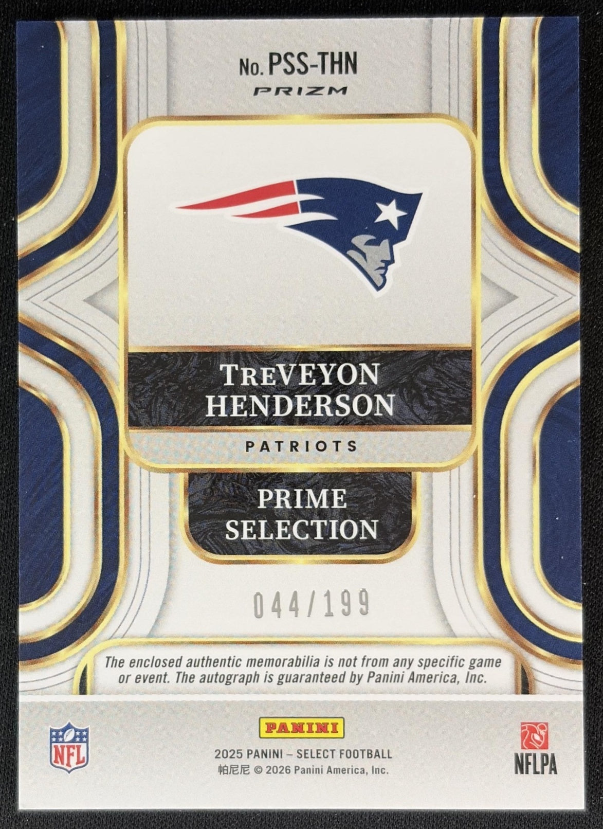 TreVeyon Henderson 2025 Select Prime Selections Signatures Silver Prizm /199 Patriots back