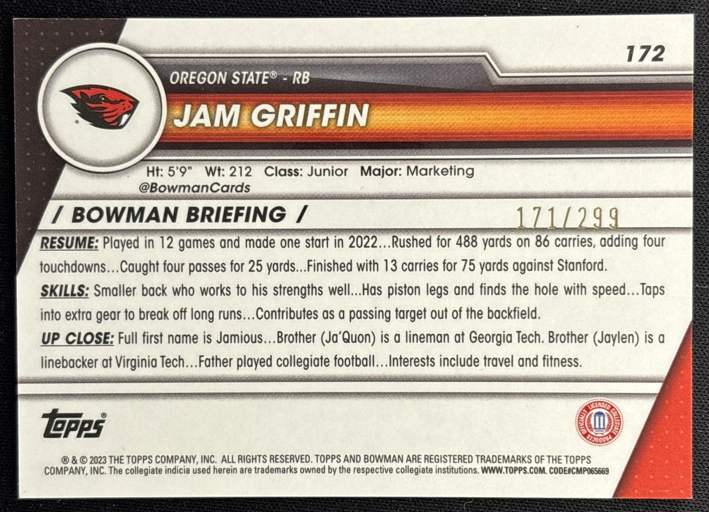 Jam Griffin 2023 Bowman University Chrome Aqua Refractor /299 back