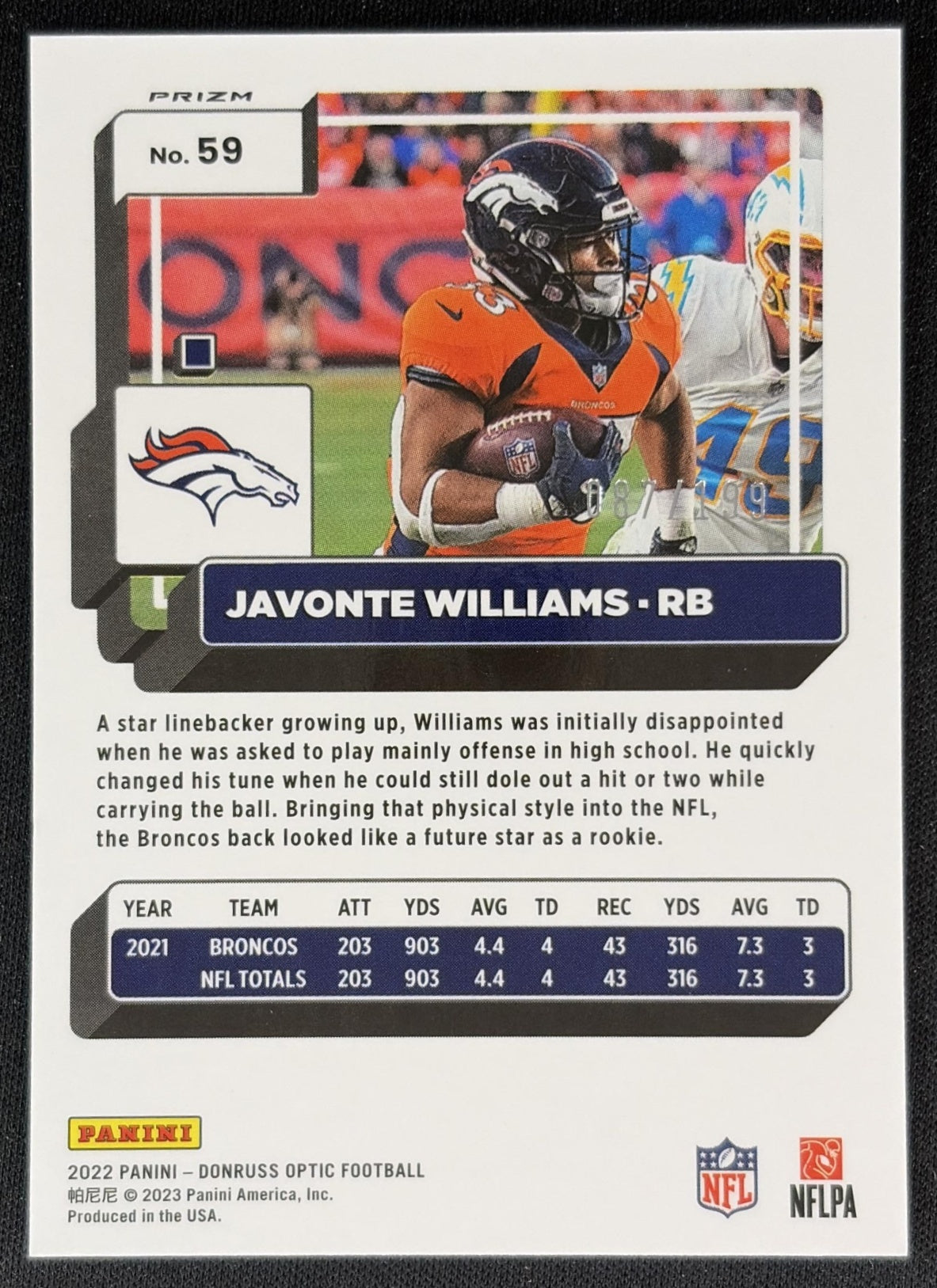 Javonte Williams 2022 Panini Donruss Optic Orange /199 Broncos back