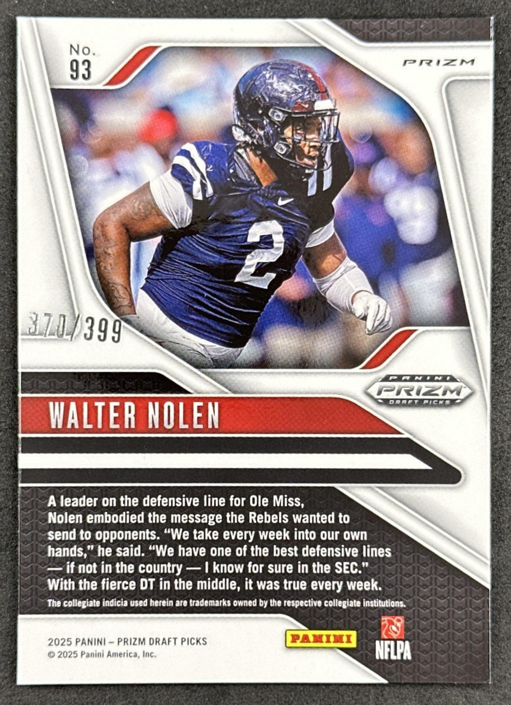 Walter Nolen 2025 Panini Prizm Draft Picks Red /399 Cardinals back