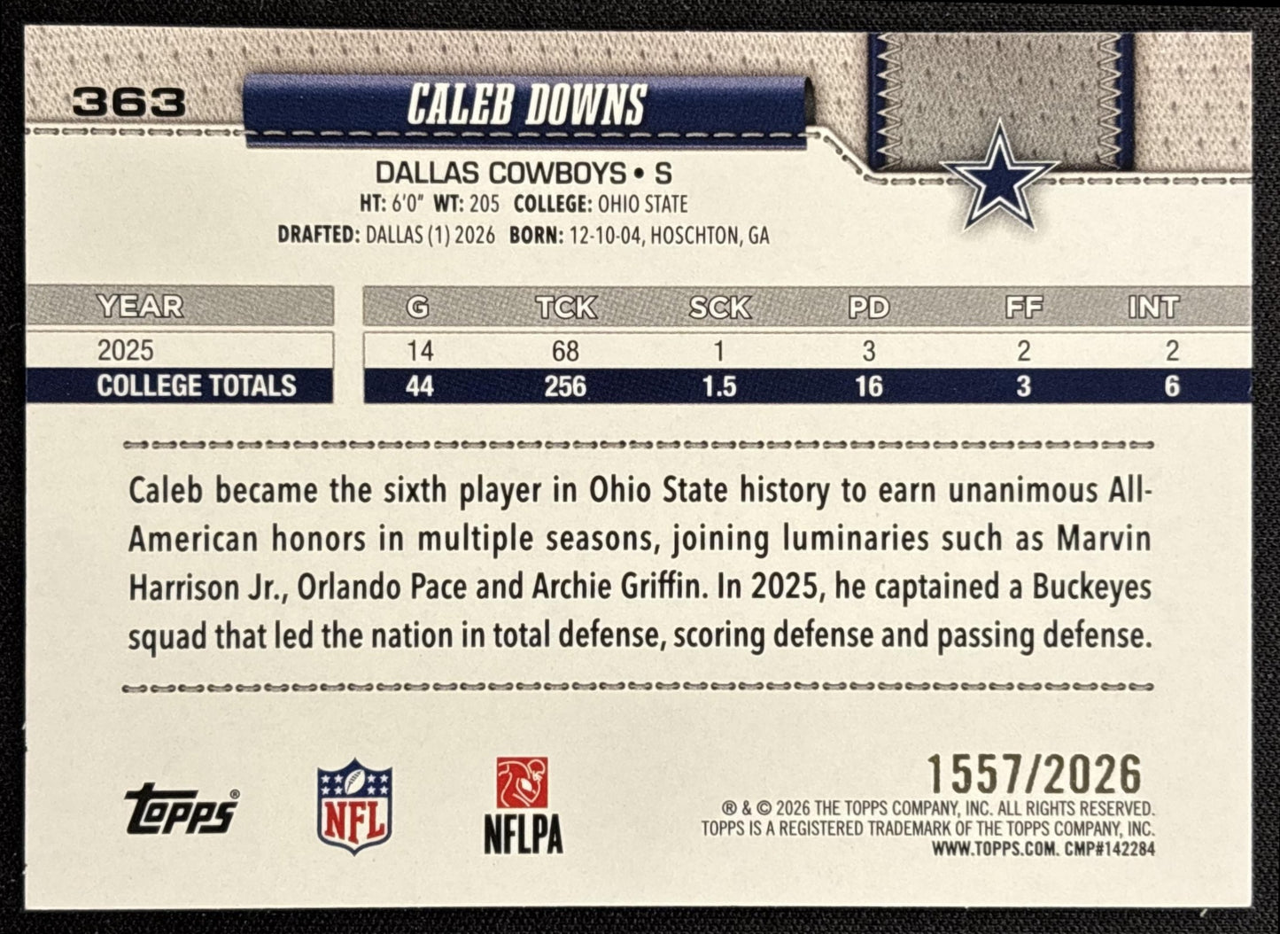 Caleb Downs 2026 Topps Gold /2026 Cowboys - back