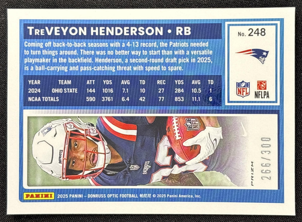 TreVeyon Henderson 2025 Panini Donruss Optic Rated Rookie Wave Prizm /300 Patriots - back