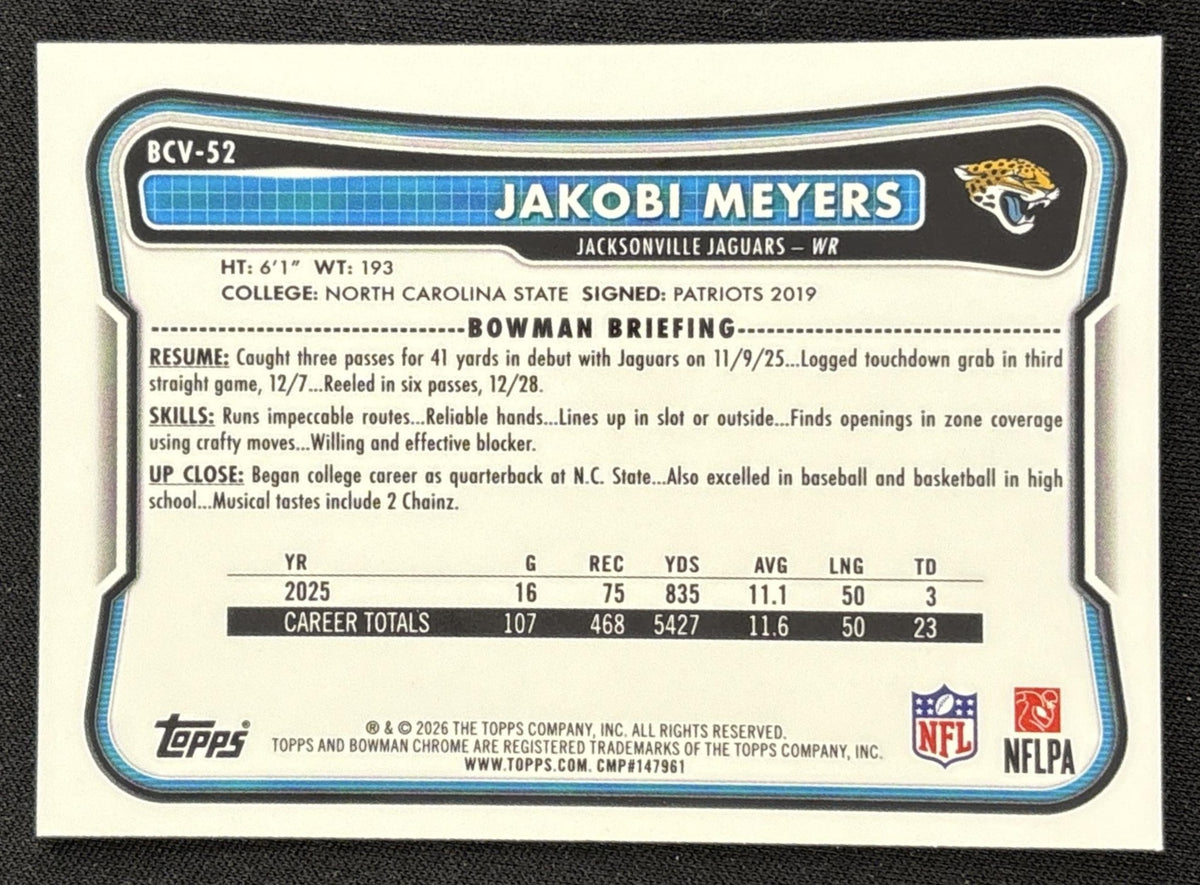 Jakobi Meyers 2026 Bowman Chrome NFL Speckle Refractor Jaguars back