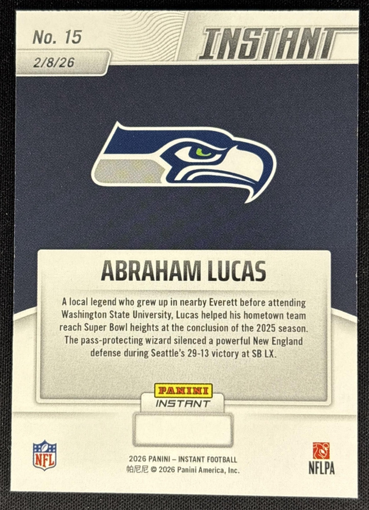Abraham Lucas 2026 Panini Instant Super Bowl LIX Champions Seattle Seahawks