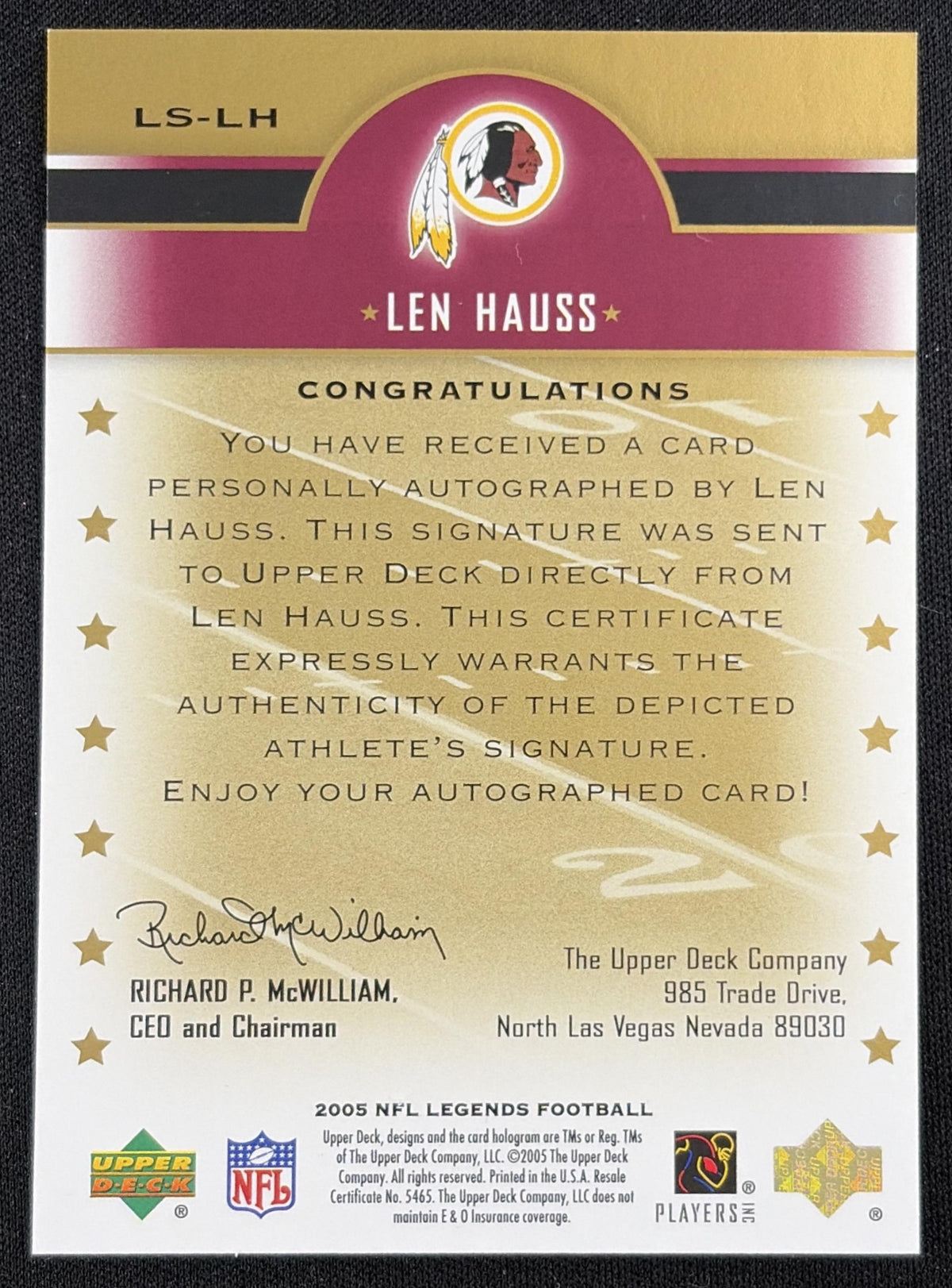 Len Hauss 2005 Upper Deck Legends Legendary Signatures Redskins Sports Trading Card