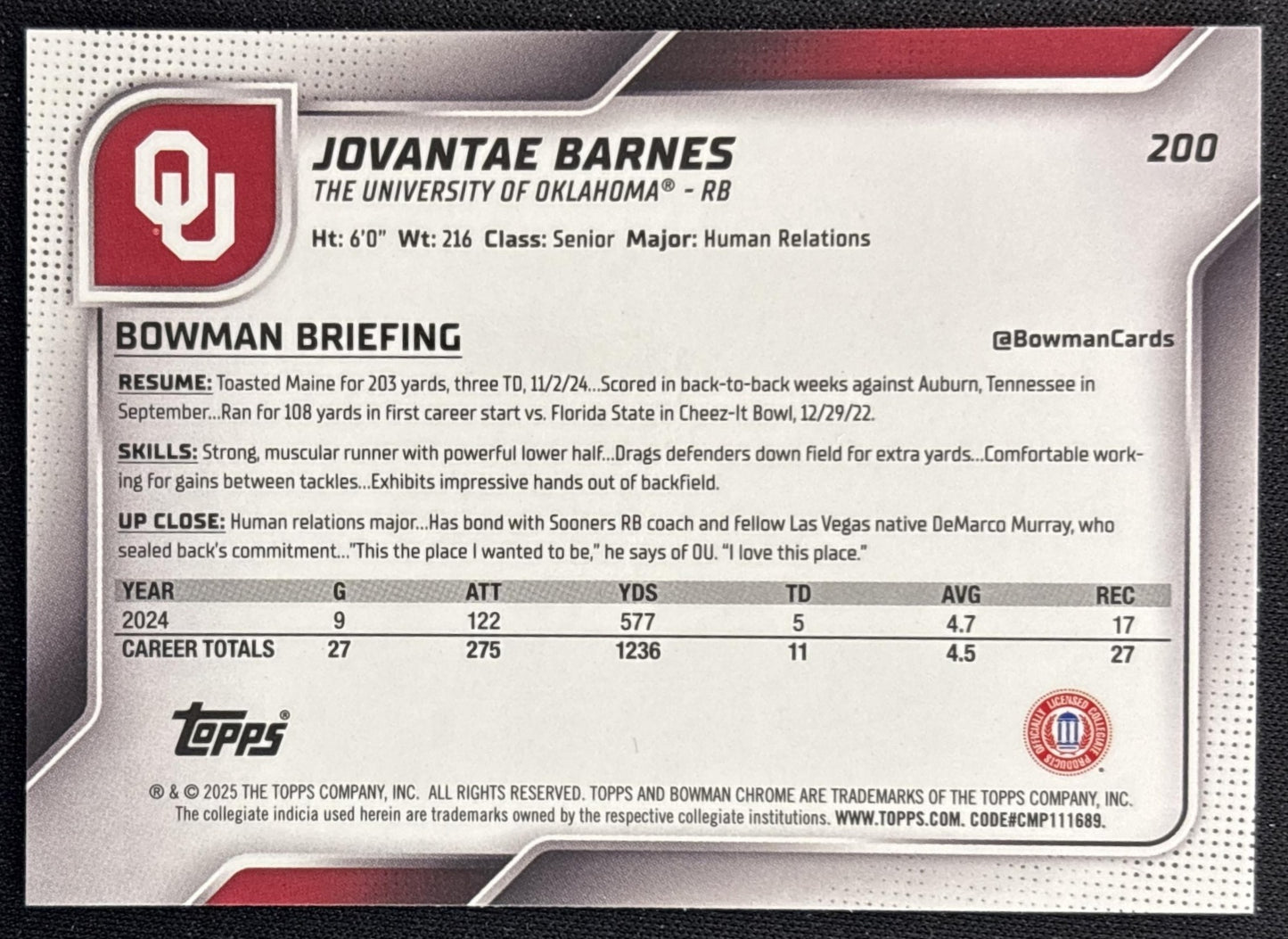 Jovantae Barnes 2025 Chrome University Sapphire Prospect Yellow Refractor /75 Sooners back
