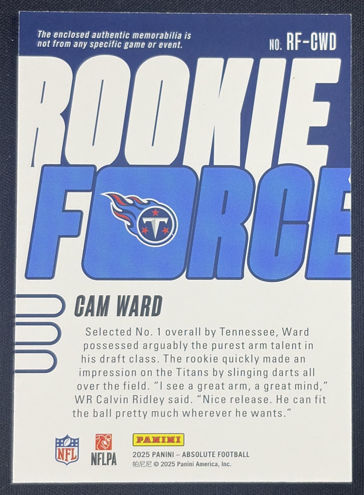 Cam Ward 2025 Panini Absolute Rookie Force Titans