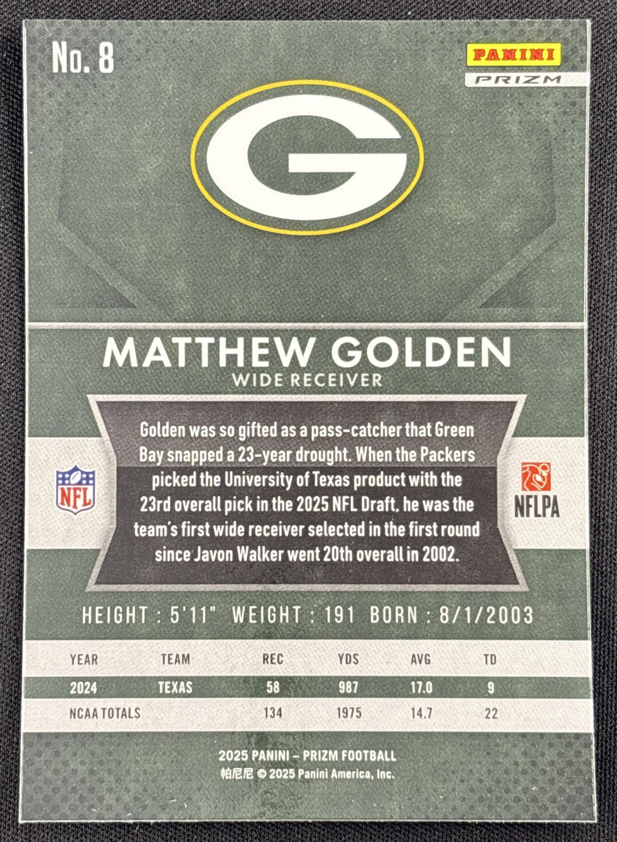 Matthew Golden 2025 Panini Prizm Rookie Flashback No Huddle Packers