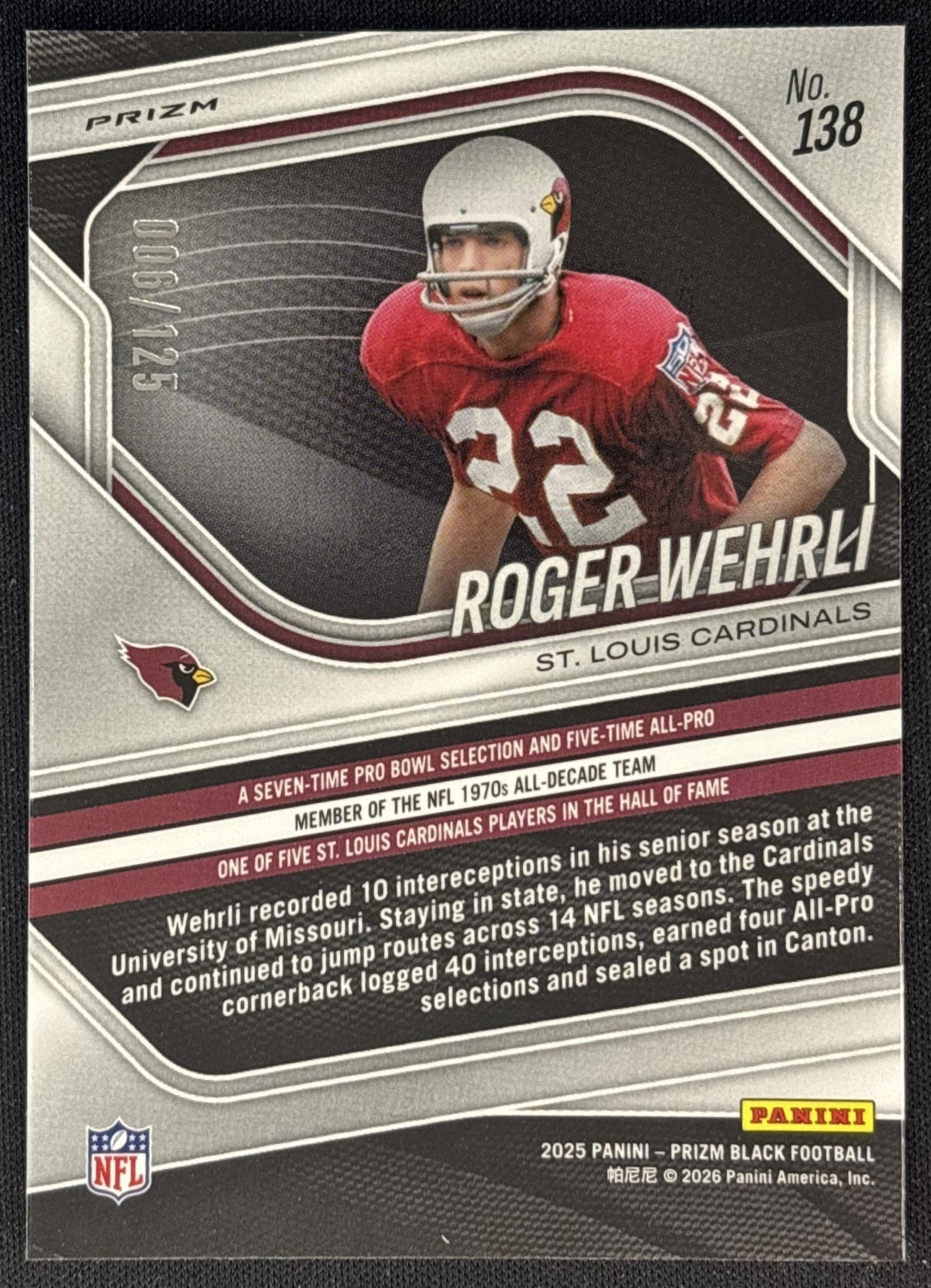 Roger Wehrli 2025 Panini Prizm Black Blue Ice /125 Cardinals back
