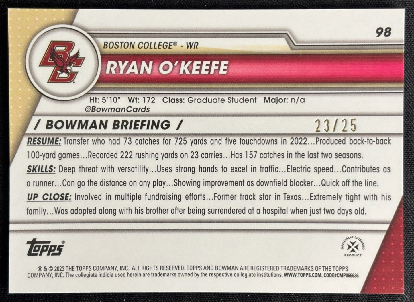 Ryan O'Keefe 2023 University Chrome Orange Surge Refractor /25 Eagles - Back