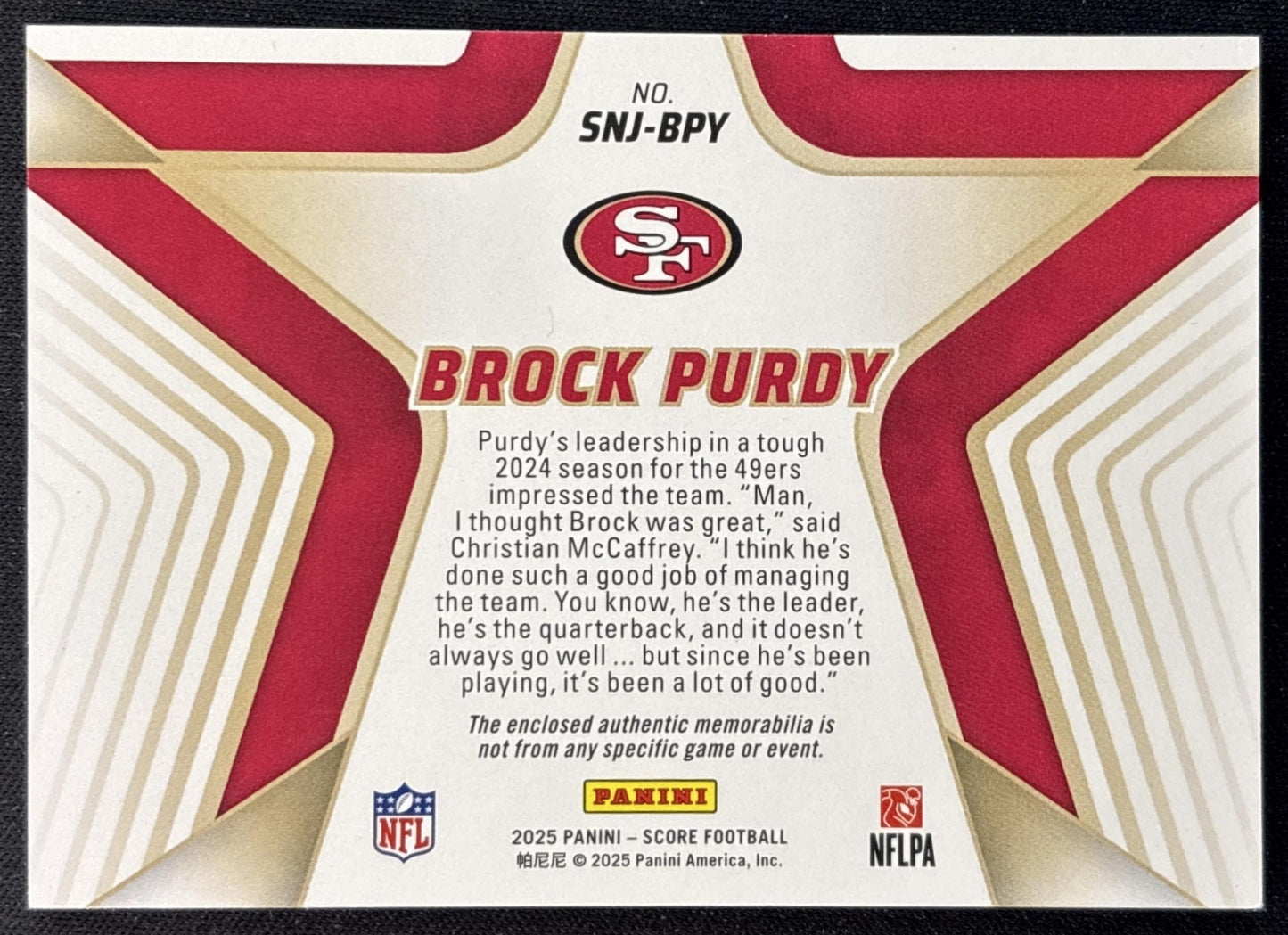 Brock Purdy 2025 Panini Score Stars of the NFL Jersey 49ers back