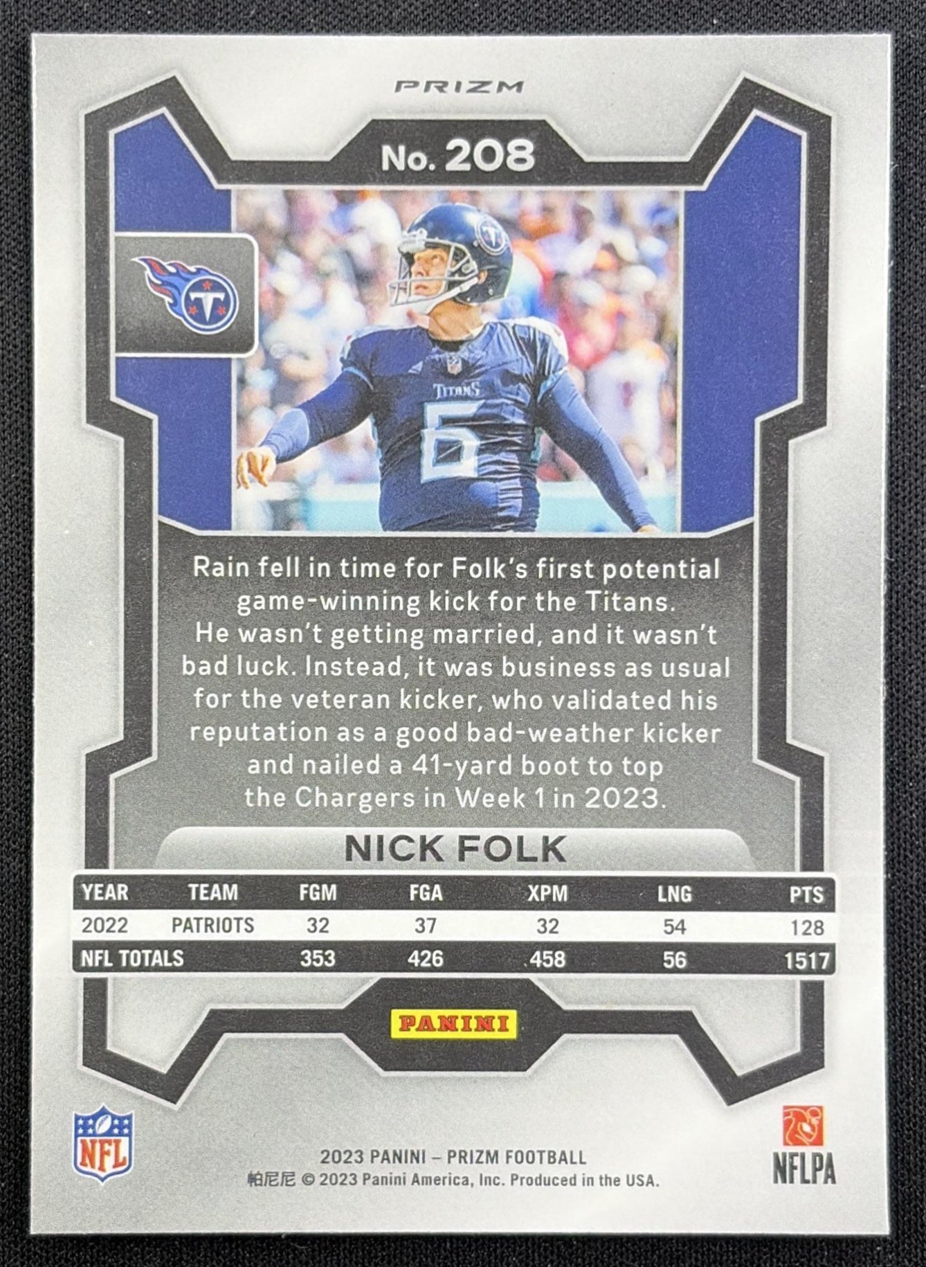 Nick Folk 2023 Panini Prizm Green Wave Titans