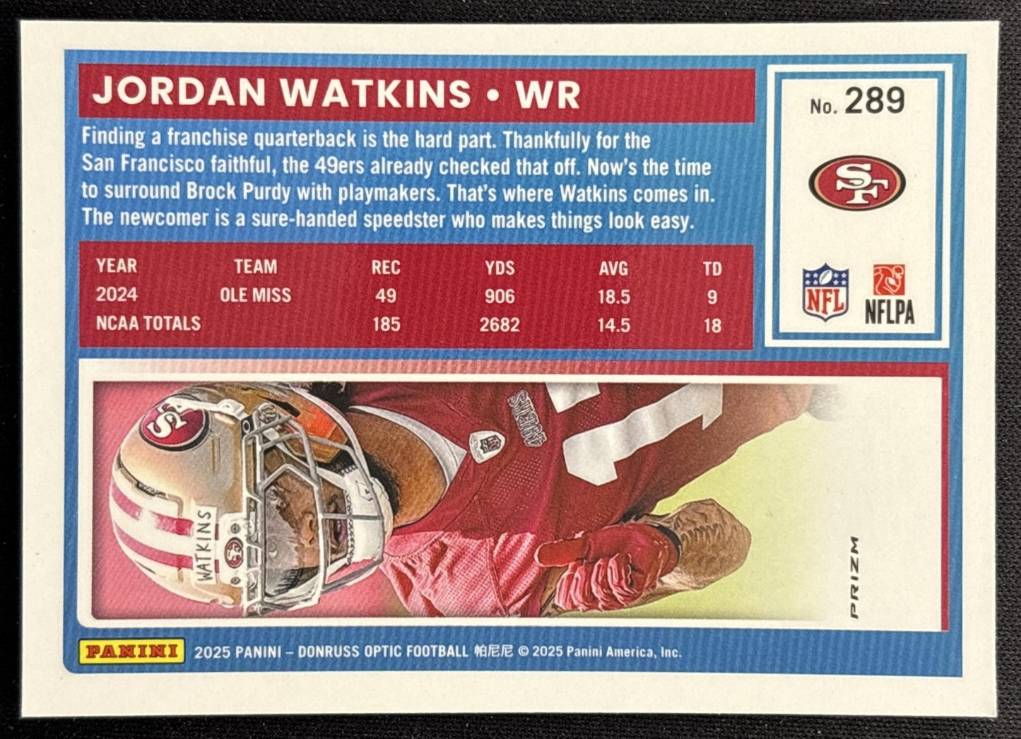 Jordan Watkins 2025 Panini Donruss Optic Rated Rookie Purple Shock Prizm 49ers back
